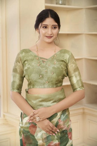 Pista Woven Jacquard Designer With Printed Rich Silk Stylish Ceremonial Saree