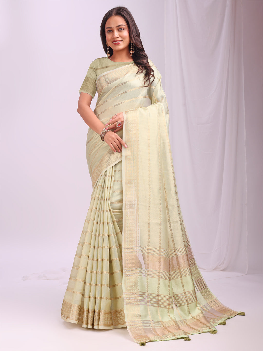 Pista Woven Zari Designer Ethnic Organza Saree