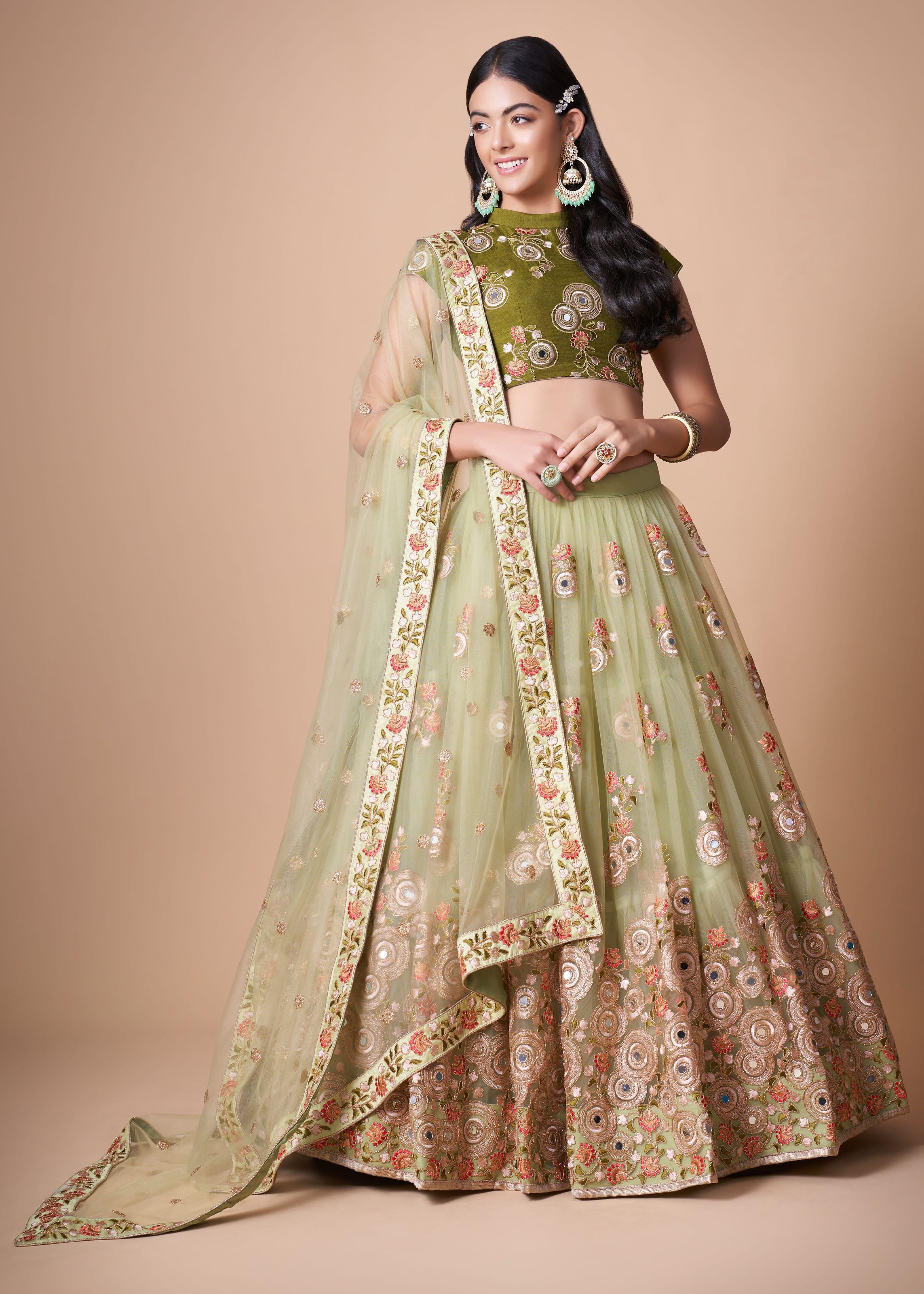 Pista green Lehenga Choli With   Thread, Zari, Dori And Sequins Embroidery With Mirror Work