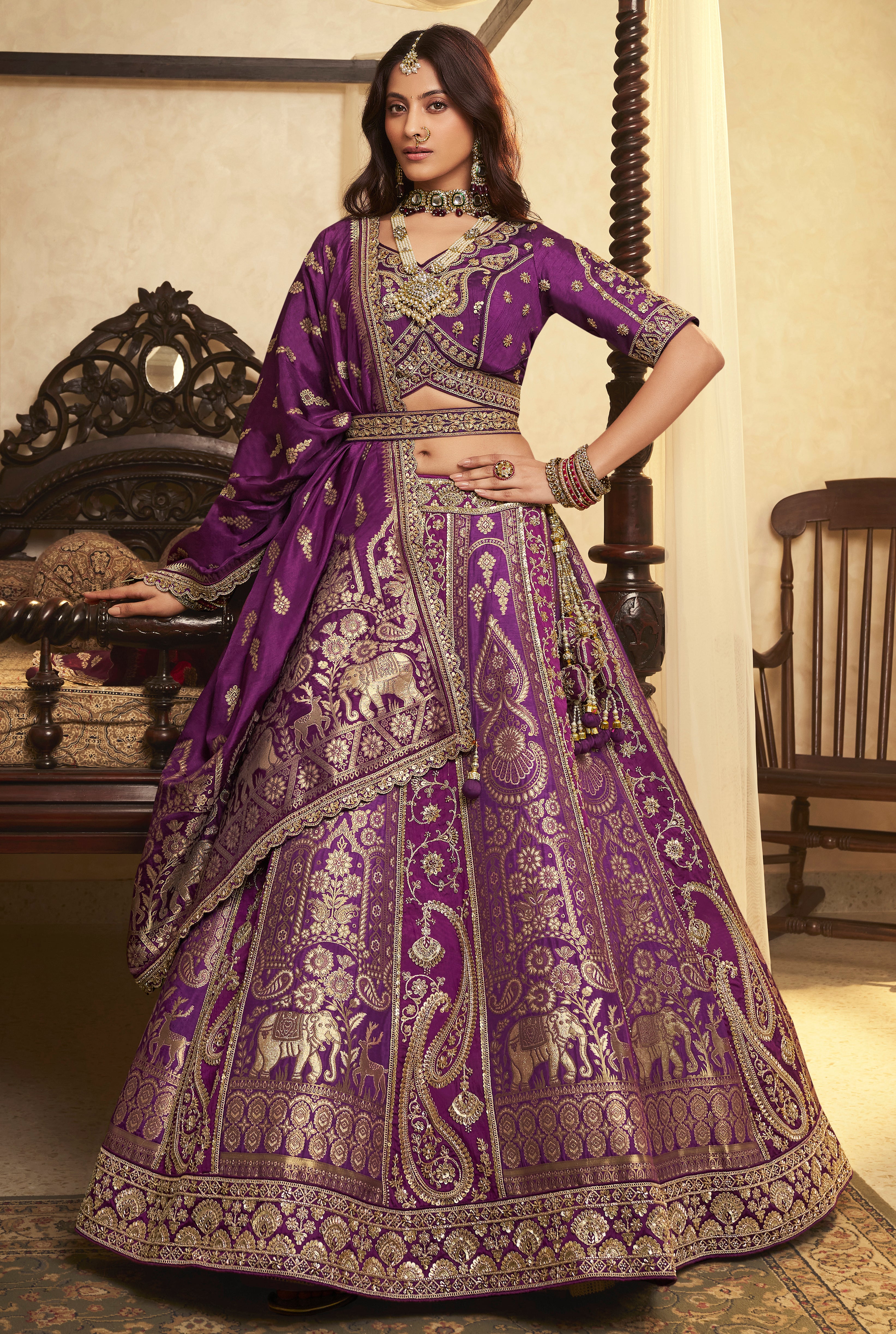 Plum Banarasi Premium Silk Lehenga Choli With Heavy Thread Embroidery, Sequence, Swarovski ,Stone With Zari, Khatli Weaving Work