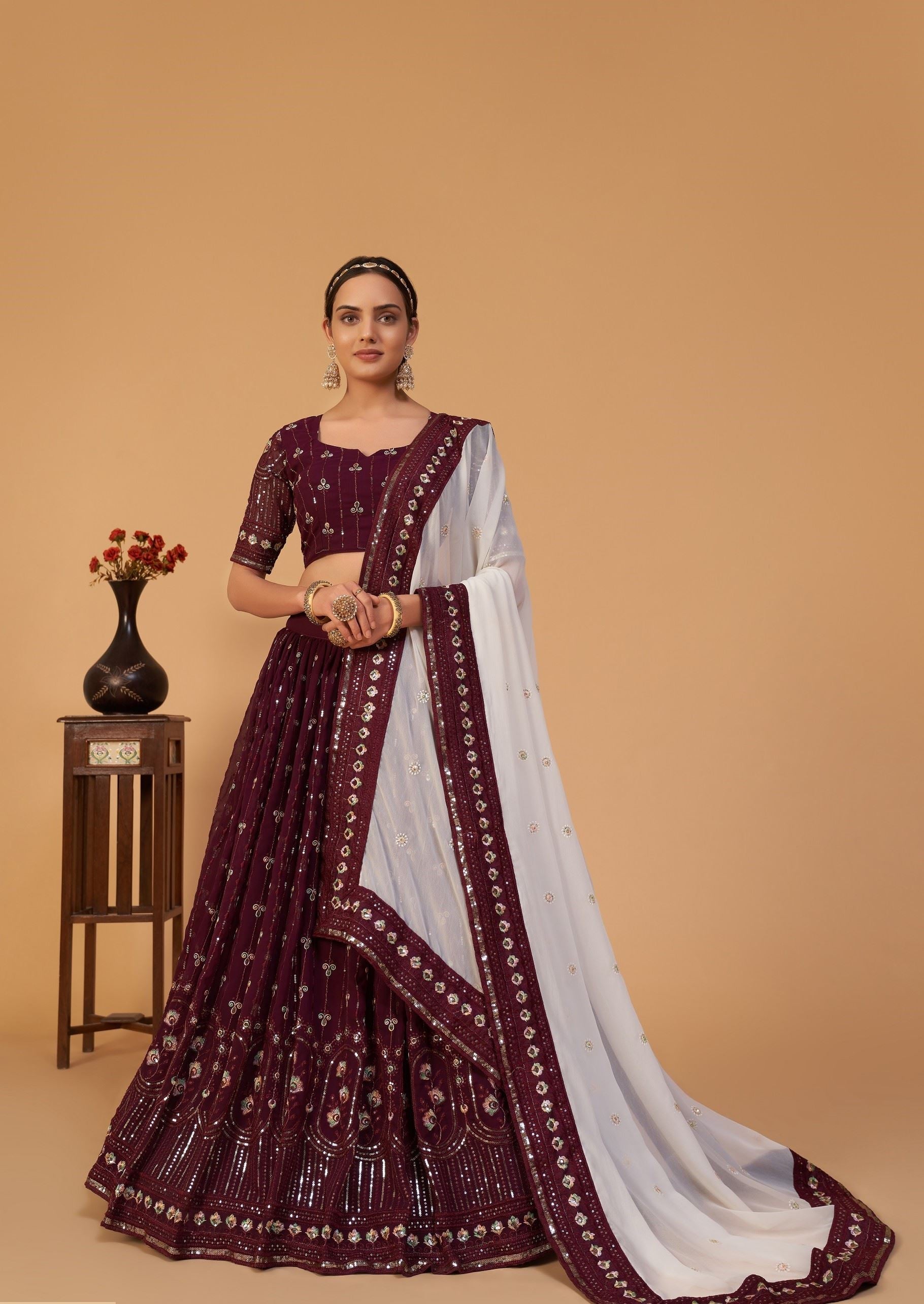 Plum Lehenga Choli With Sequins And Thread Embroidered Work