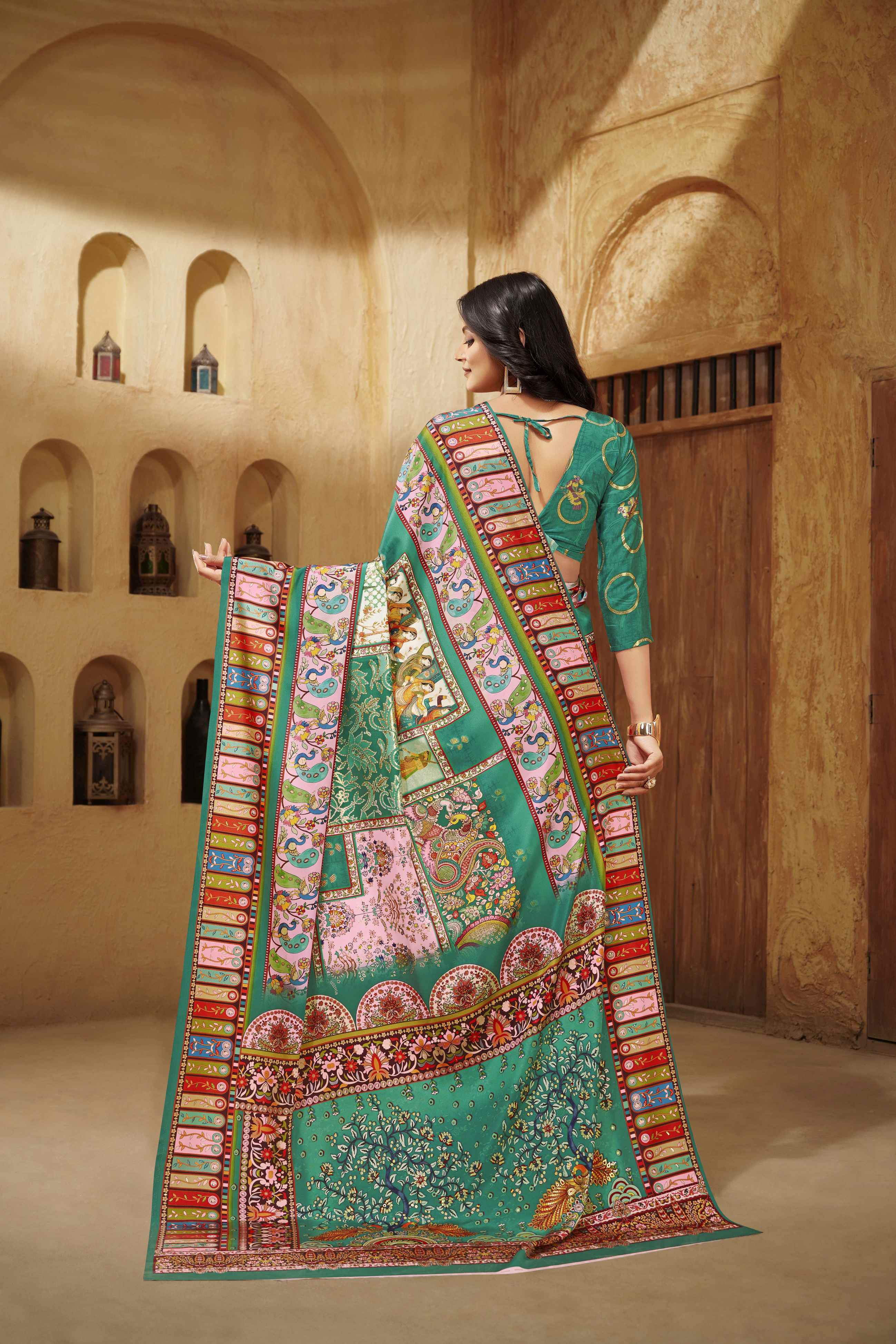 Poise Green Designer Position Digital Foil Printed Crepe Silk Ethnic Festive Saree