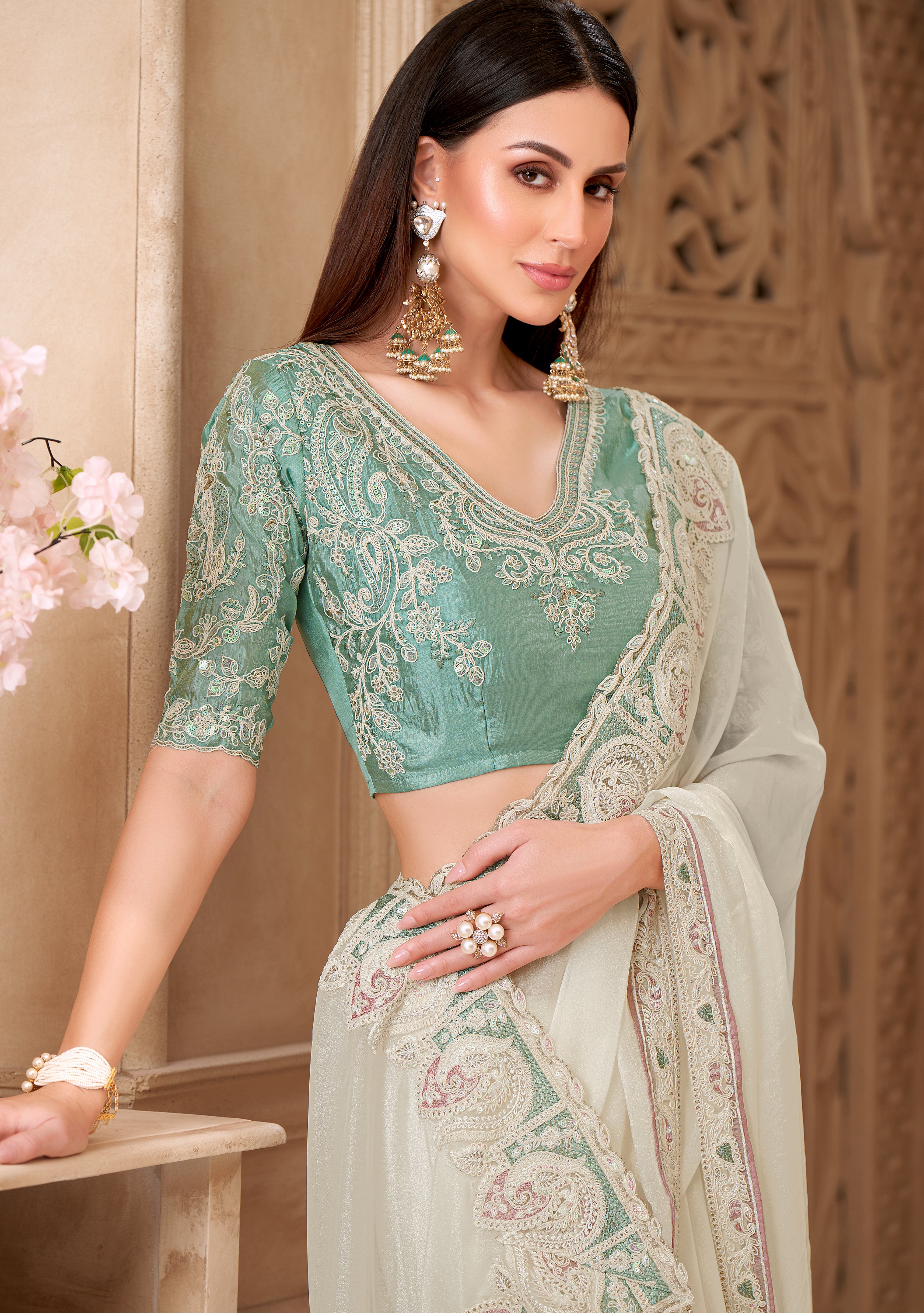 Powder White Saree With  Heavy Thread Embroidery Sequins Border Work With Embroidery Blouse
