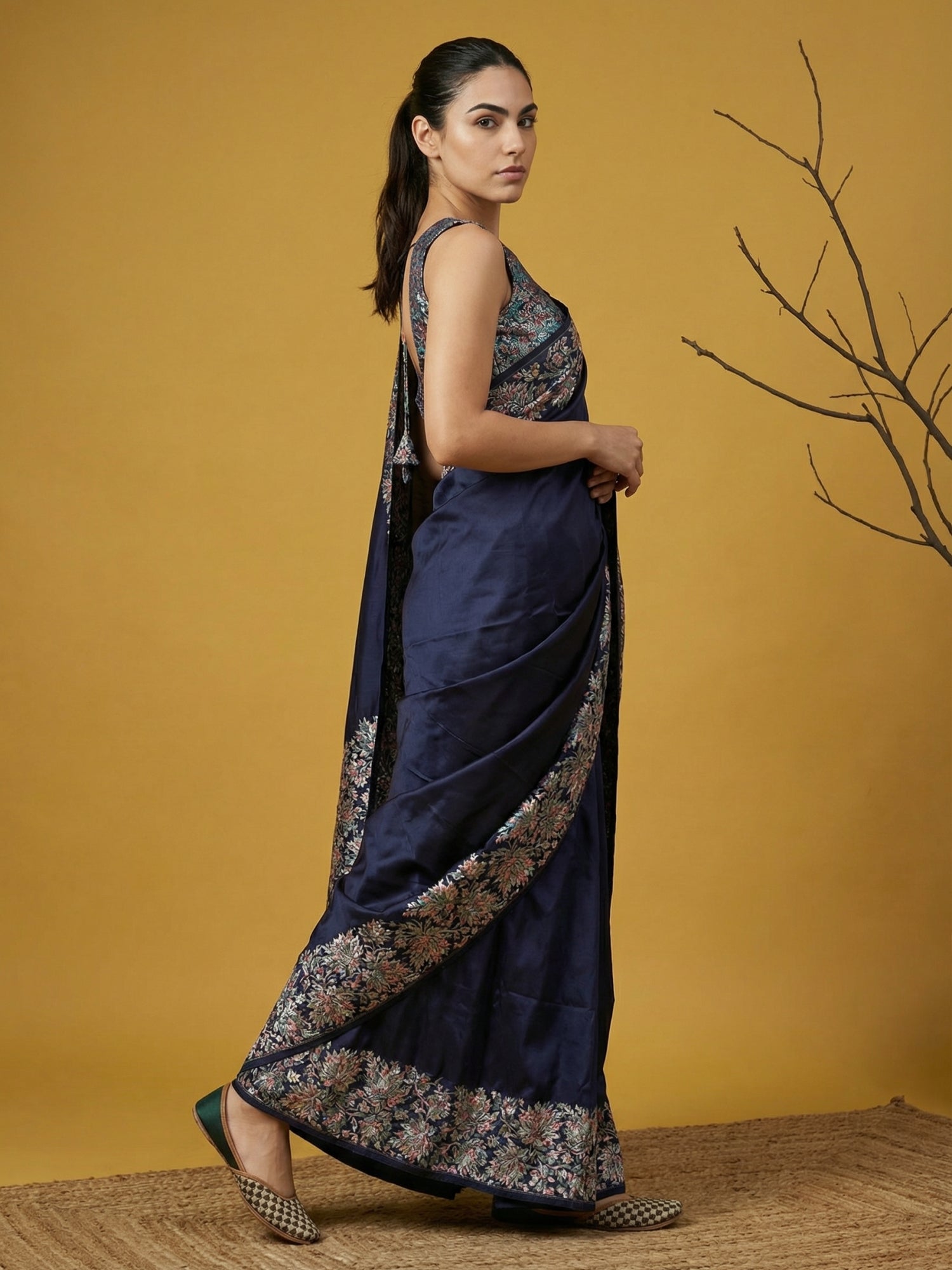 Premium Navy Blue Soft Silk Saree with Printed Woven Design