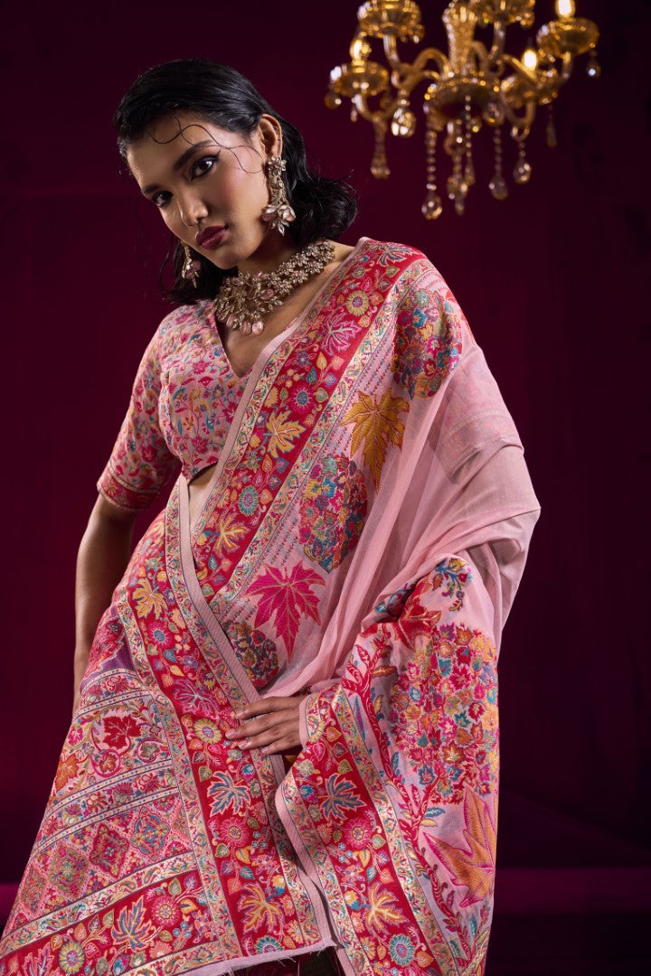 Premium Pink Modal Pashmina Saree with Rich Handloom Zari Design