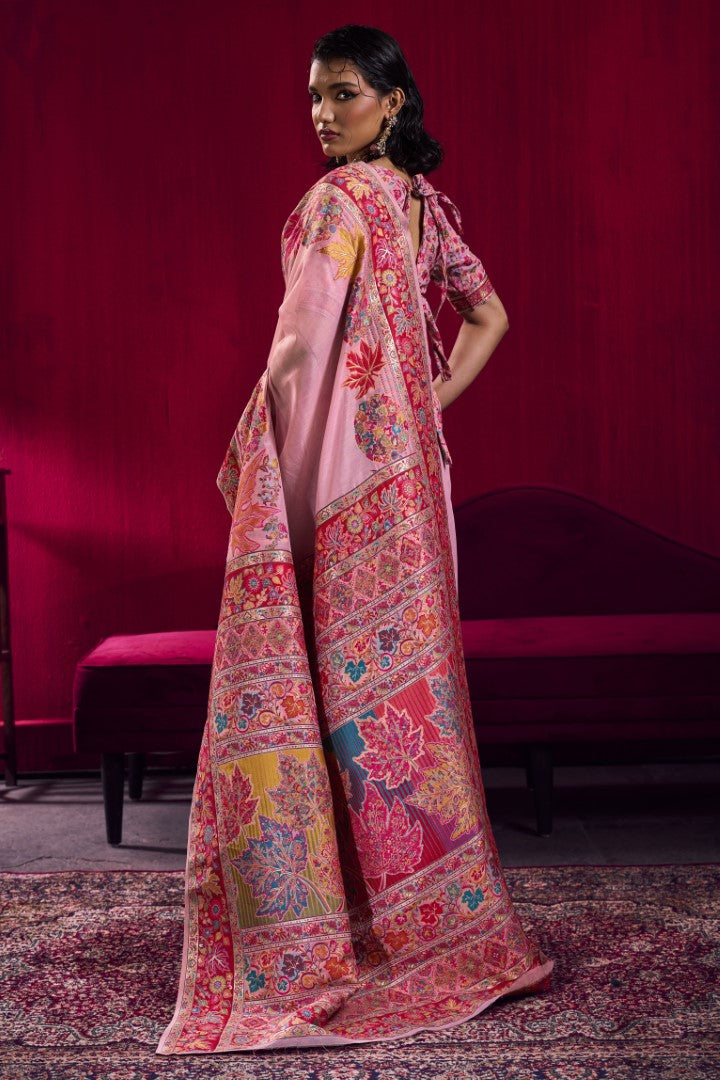 Premium Pink Modal Pashmina Saree with Rich Handloom Zari Design