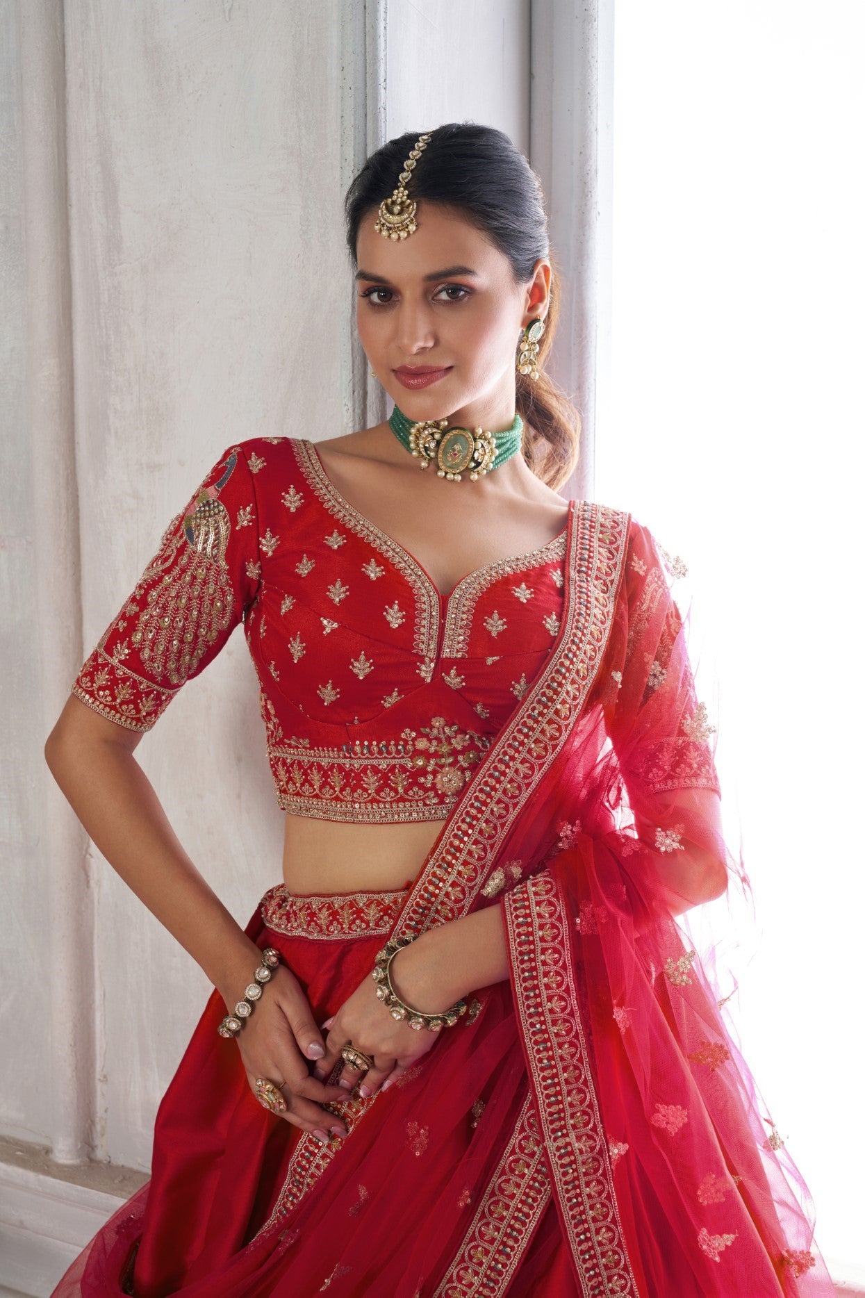 Premium Red Silk Peacock Embroidered Bridal Lehenga Set