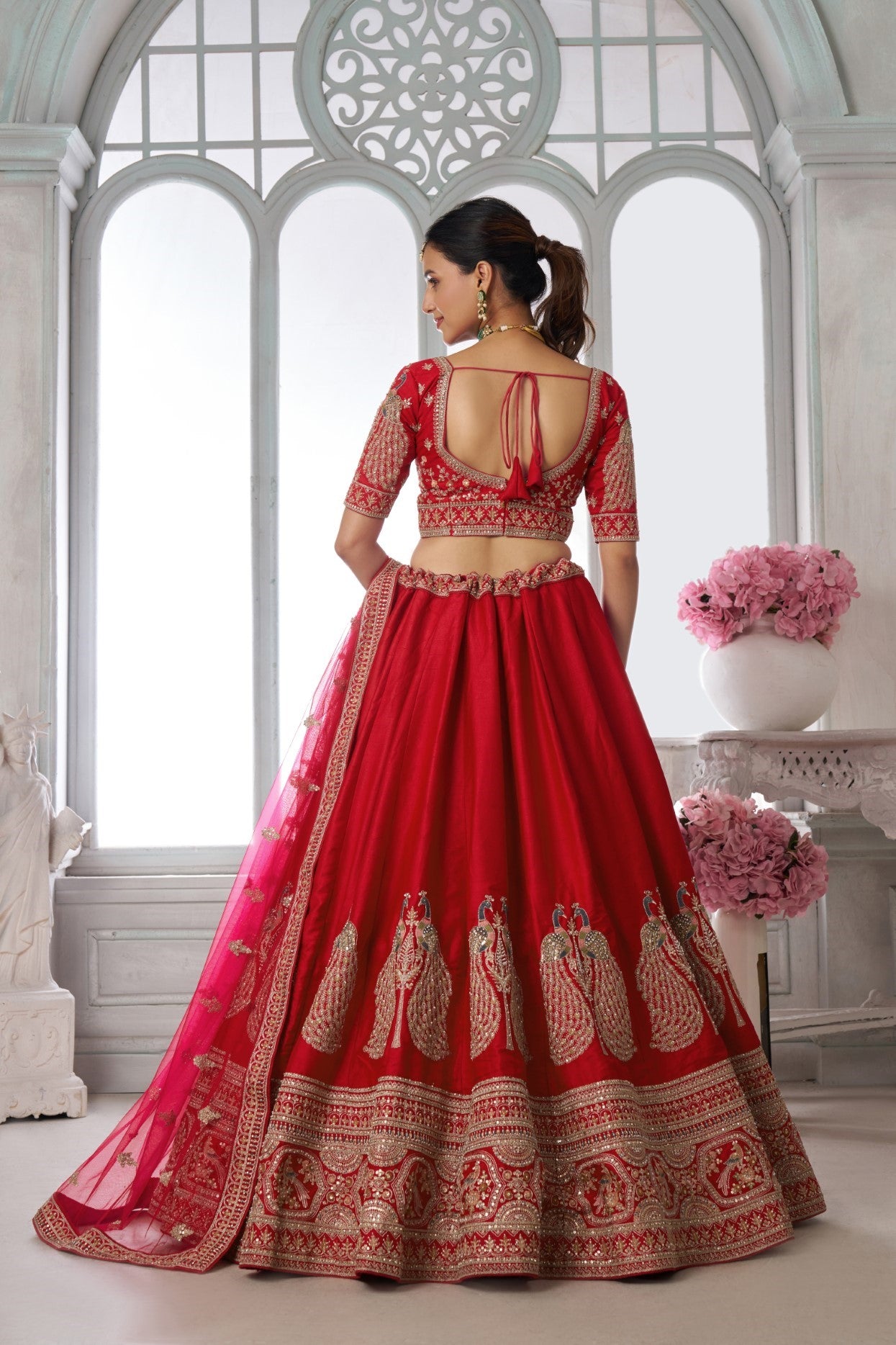 Premium Red Silk Peacock Embroidered Bridal Lehenga Set
