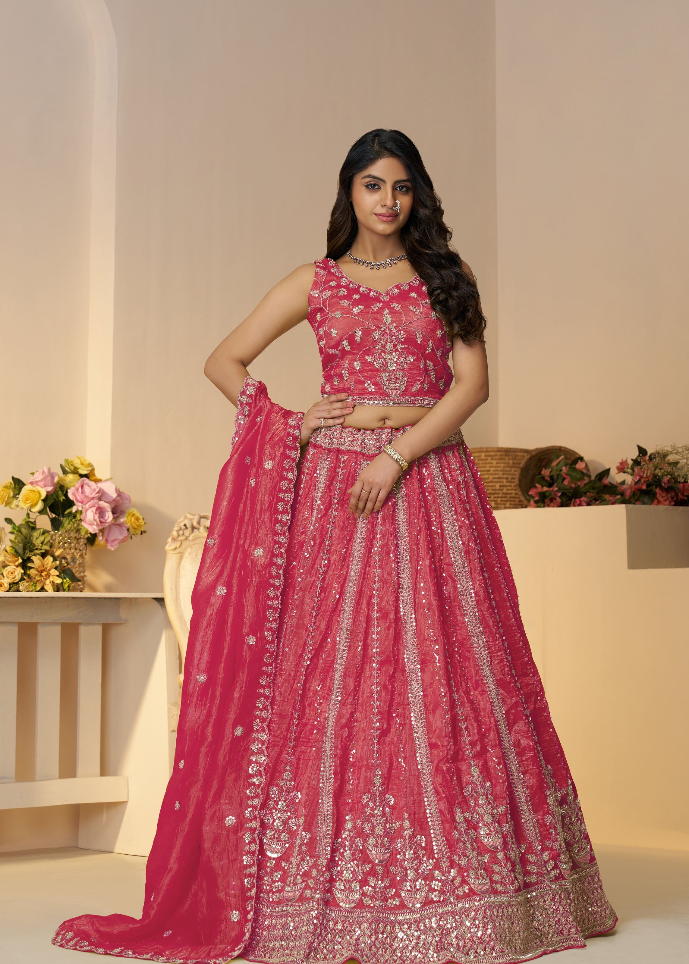 Pretty Pink Silk Intricate Paisley Motifs Traditional Embroidered  Wedding Lehenga