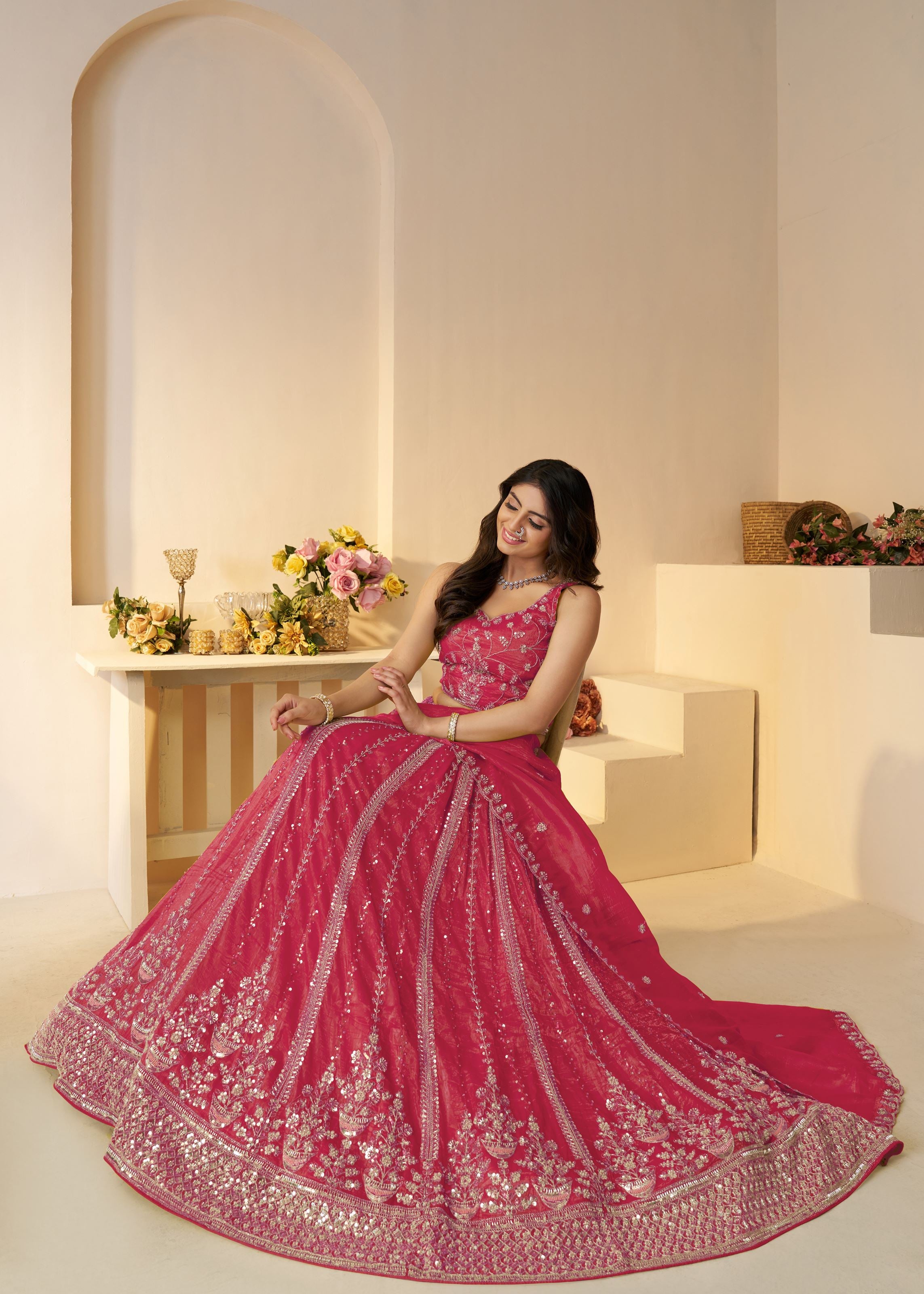 Pretty Pink Silk Intricate Paisley Motifs Traditional Embroidered  Wedding Lehenga
