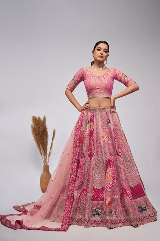 Pretty Pink Silk Intricate Paisley Motifs Traditional Embroidered  Wedding Lehenga