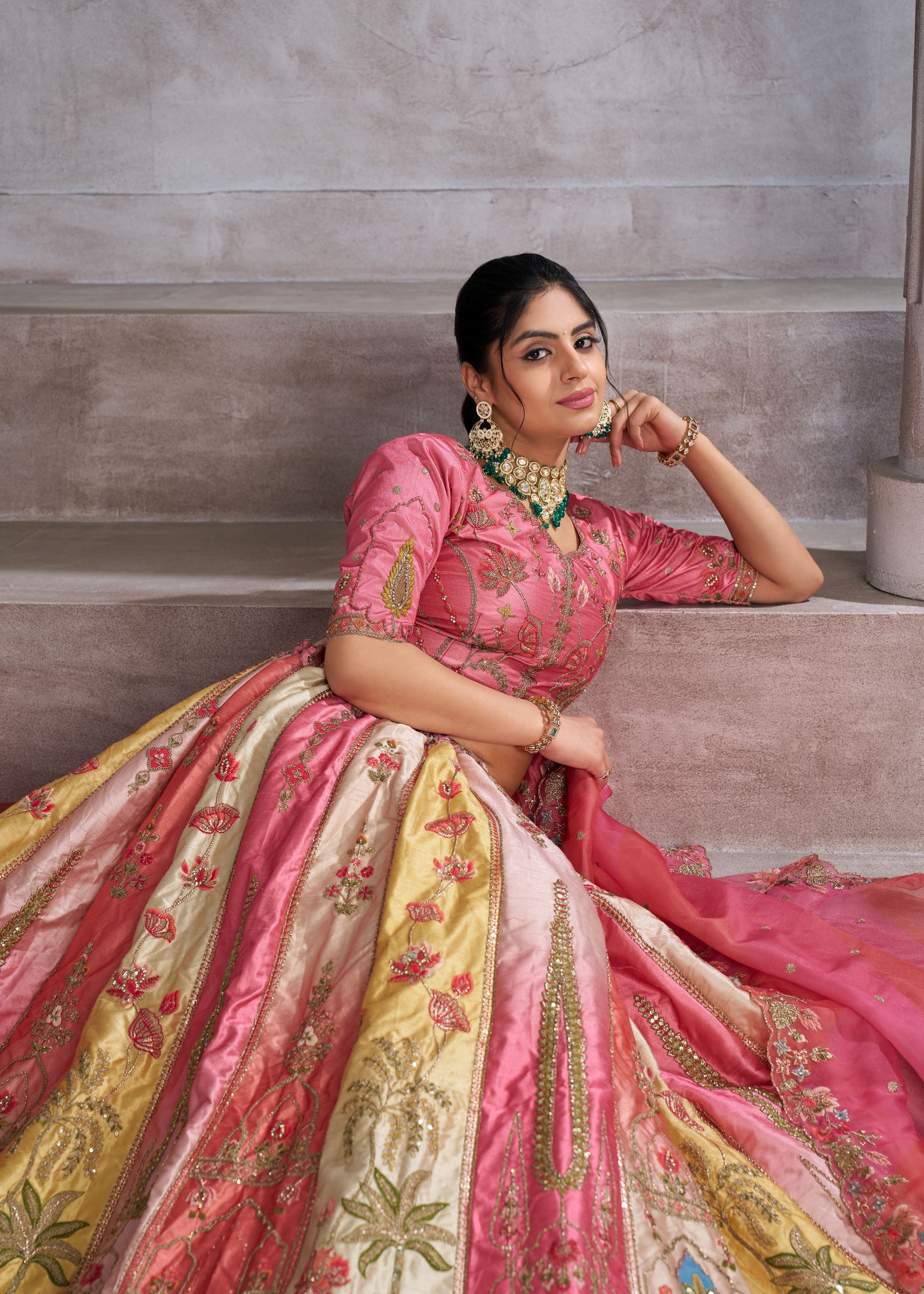 Pretty Pink Silk Intricate Paisley Motifs Traditional Embroidered  Wedding Lehenga