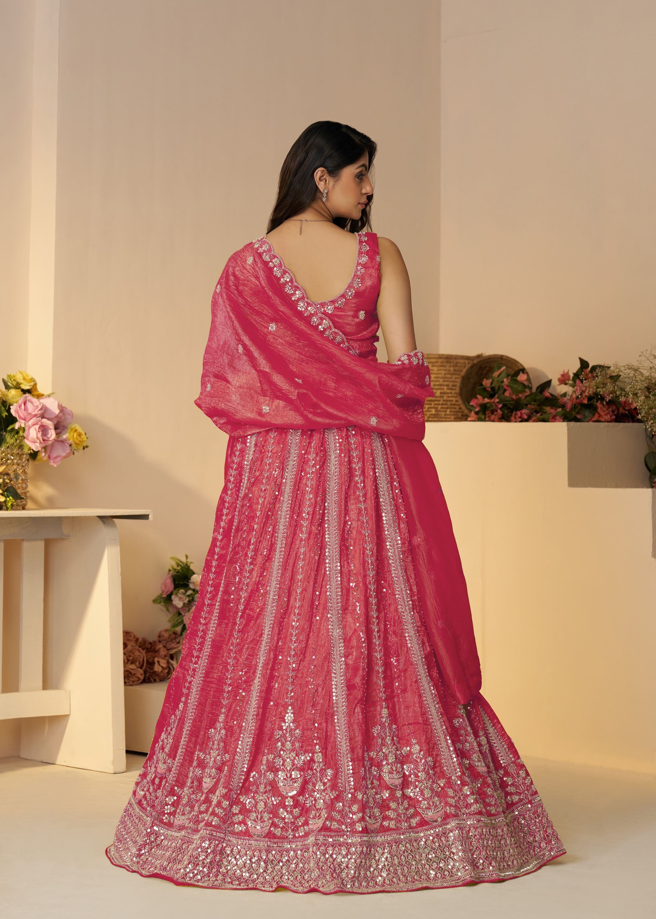Pretty Pink Silk Intricate Paisley Motifs Traditional Embroidered  Wedding Lehenga