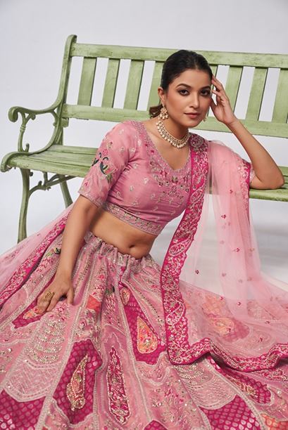 Pretty Pink Silk Intricate Paisley Motifs Traditional Embroidered  Wedding Lehenga