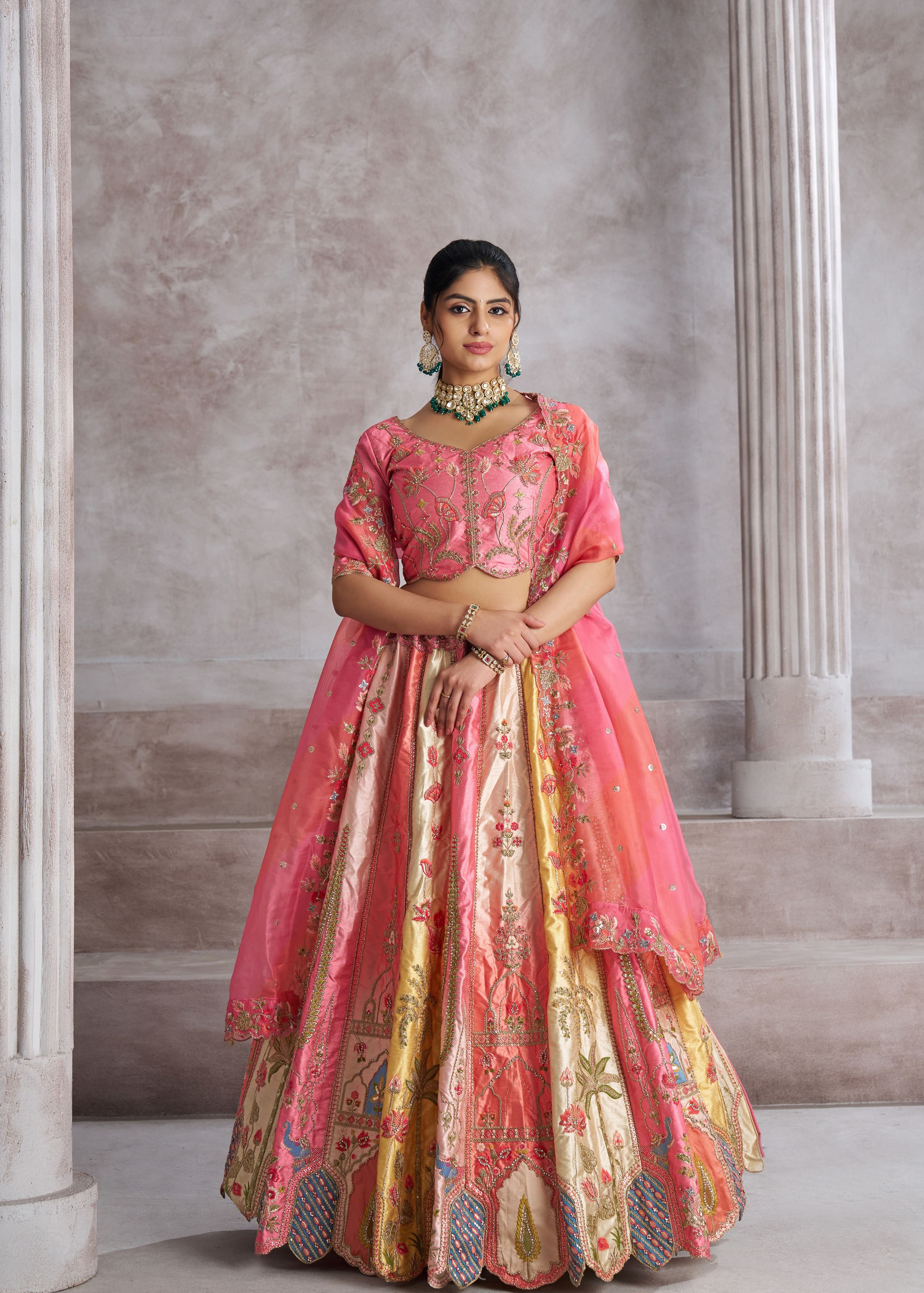Pretty Pink Silk Intricate Paisley Motifs Traditional Embroidered  Wedding Lehenga