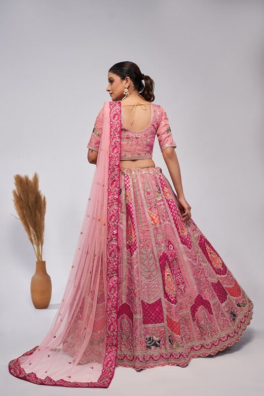 Pretty Pink Silk Intricate Paisley Motifs Traditional Embroidered  Wedding Lehenga
