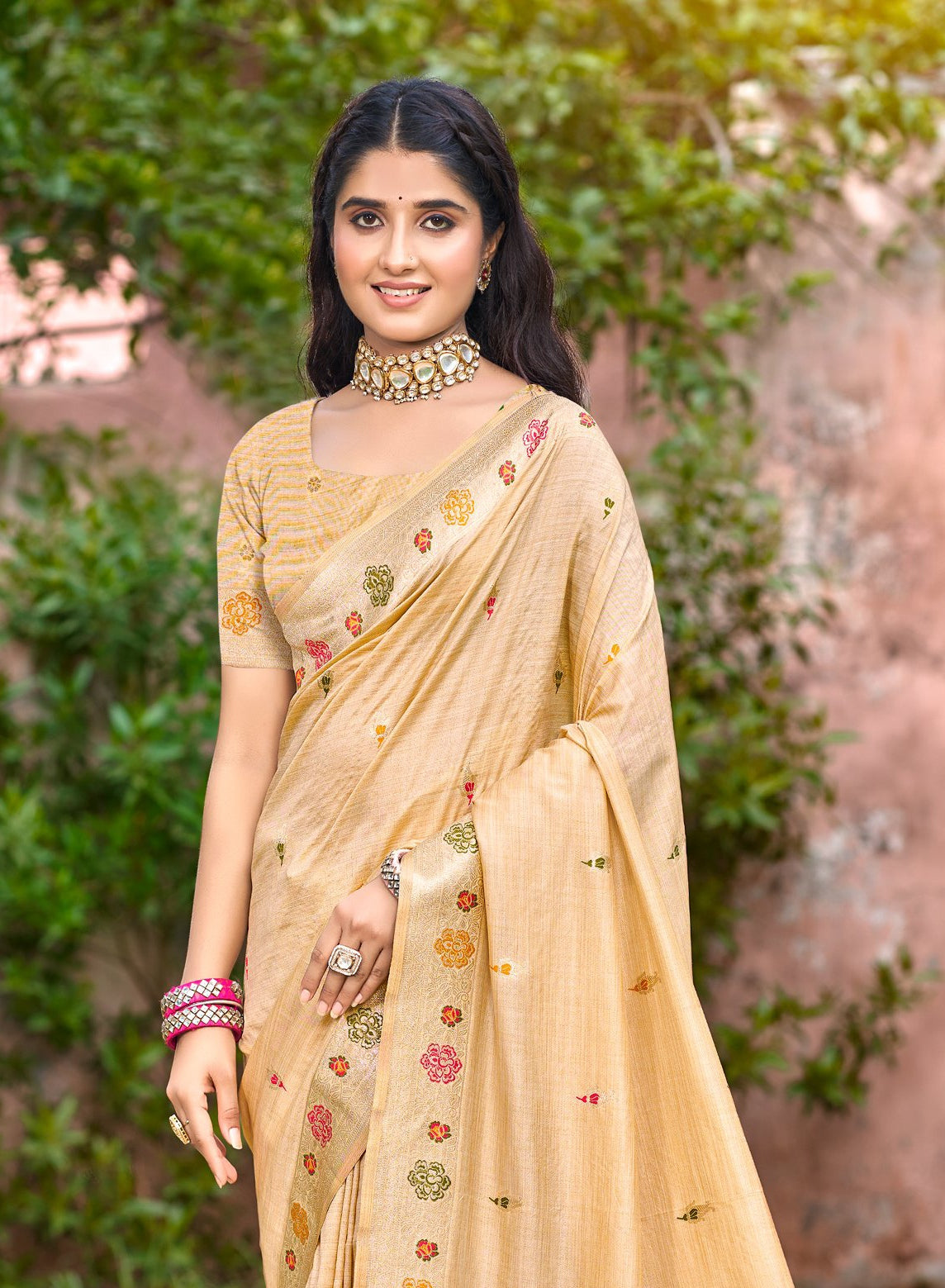 Pristine Cream Assam Silk Meenakari Festival Saree