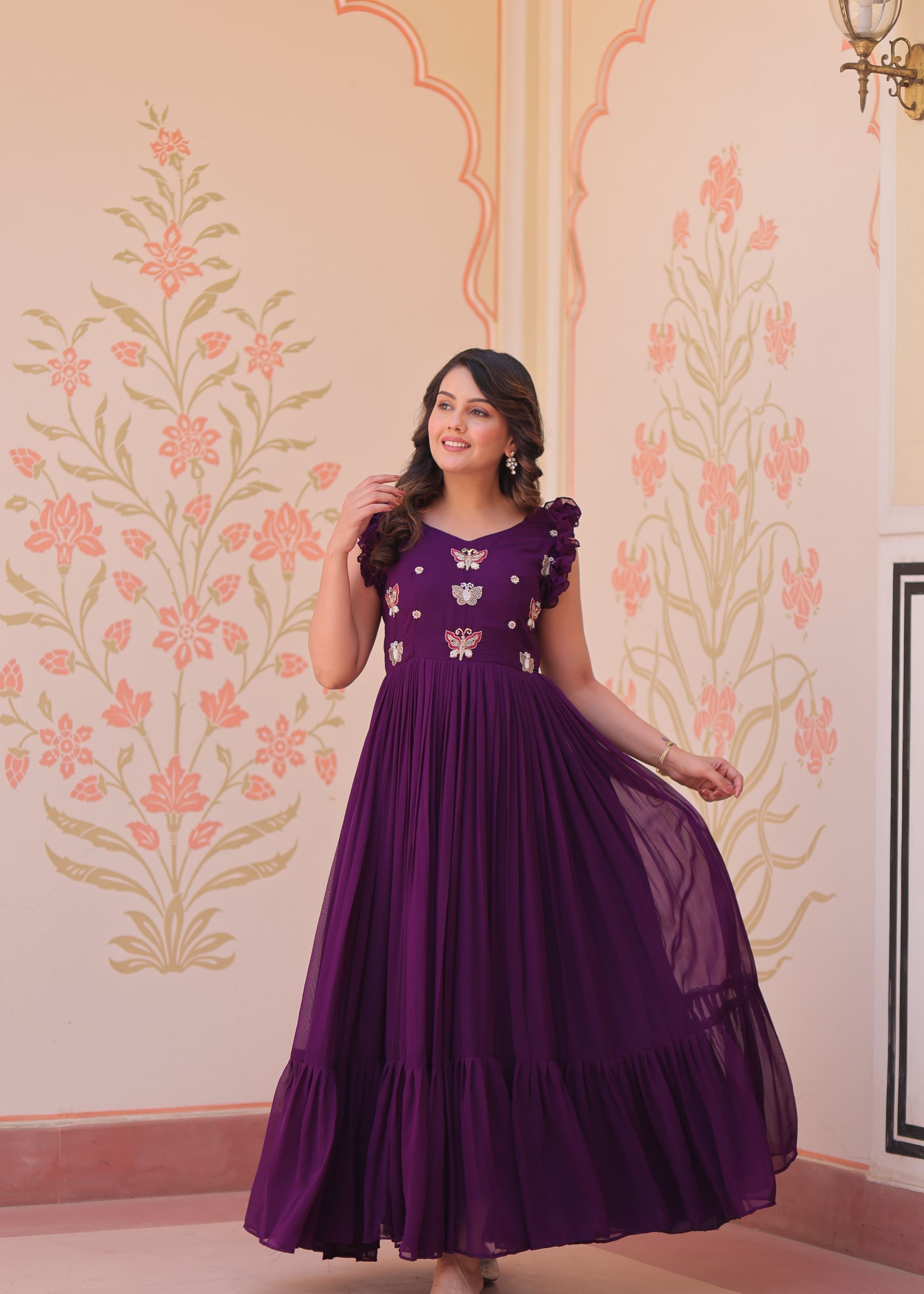 Puple Faux Blooming Gown With Sequins Multithreaded Beads Embroidered work