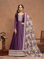 Purple Anarkali Suit With Heavy Thread Embroidery Sequins Work With Printed Dupatta
