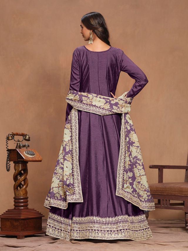 Purple Anarkali Suit With Heavy Thread Embroidery Sequins Work With Printed Dupatta