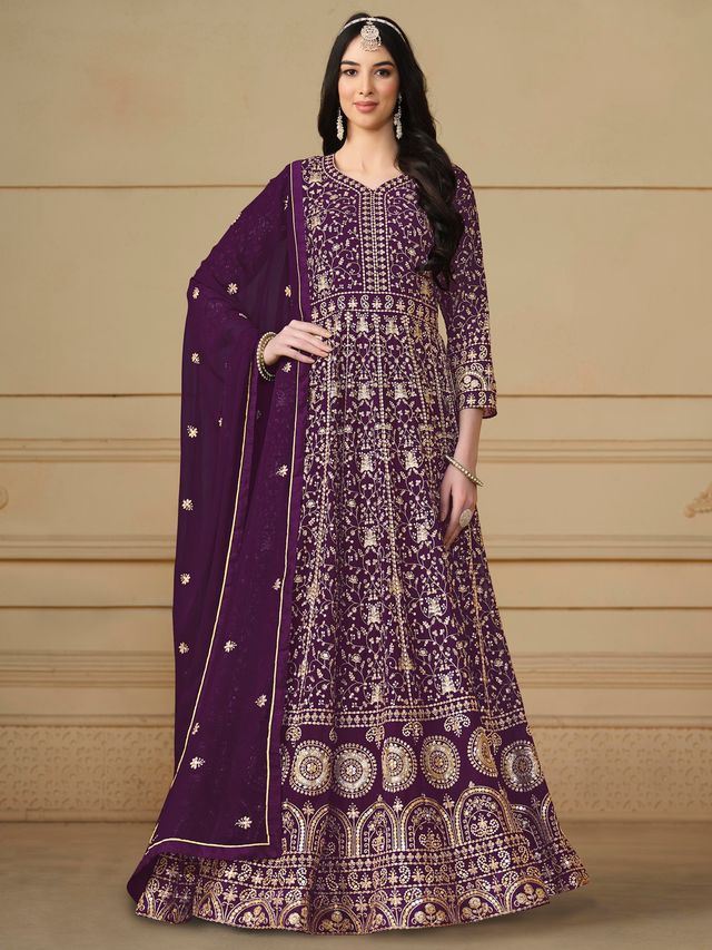 Purple Anarkali Suit With Heavy Thread Embroidery With Sequis Work