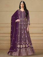 Purple Anarkali Suit With Heavy Thread Embroidery With Sequis Work