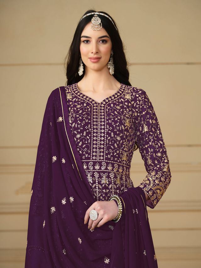 Purple Anarkali Suit With Heavy Thread Embroidery With Sequis Work