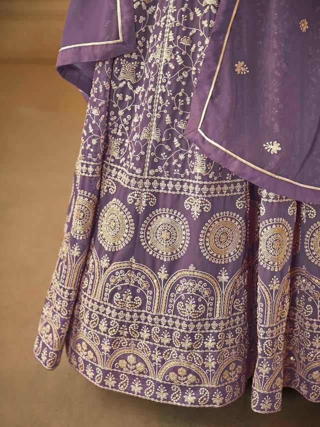 Purple Anarkali Suit With Heavy Thread Embroidery With Sequis Work