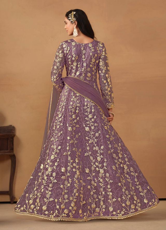 Purple Anarkali Suit With Heavy Thread Embroidery With Sequis Work