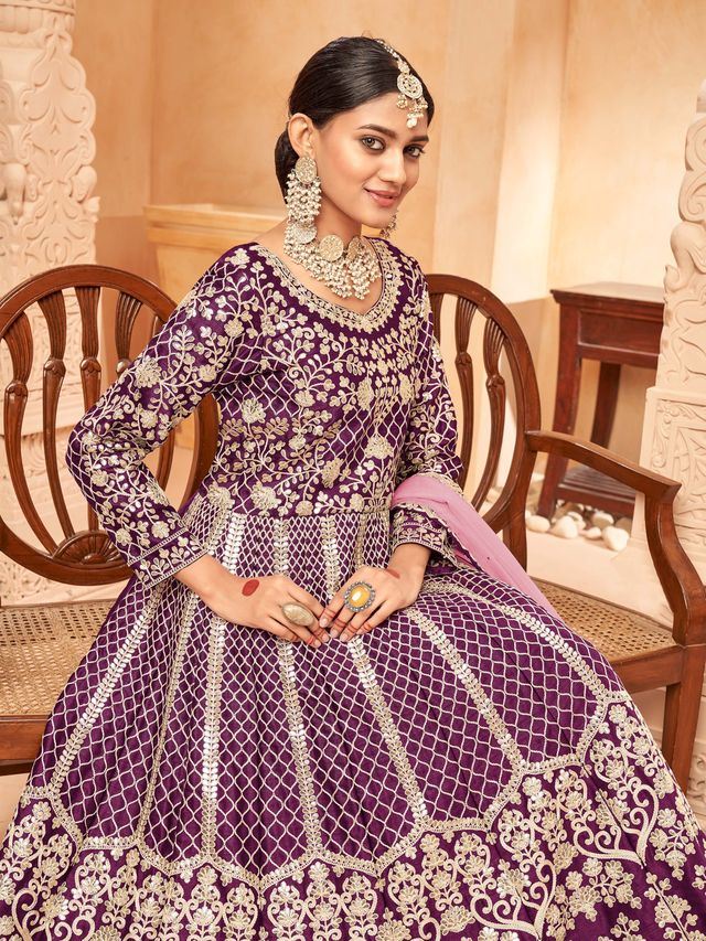 Purple Art Silk Heavy Thread Embroidery with Zari Work  Anarkali Suits