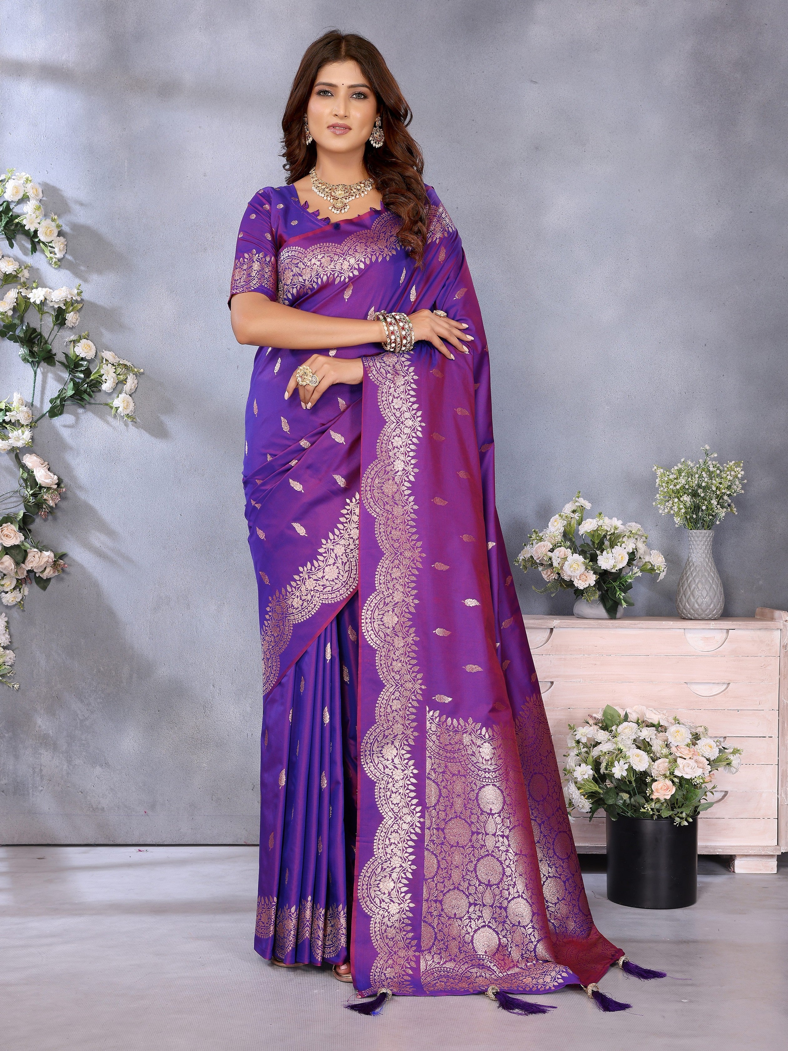 Purple Banarasi Silk Jacquard Weaving Designer Partywear Traditional Saree