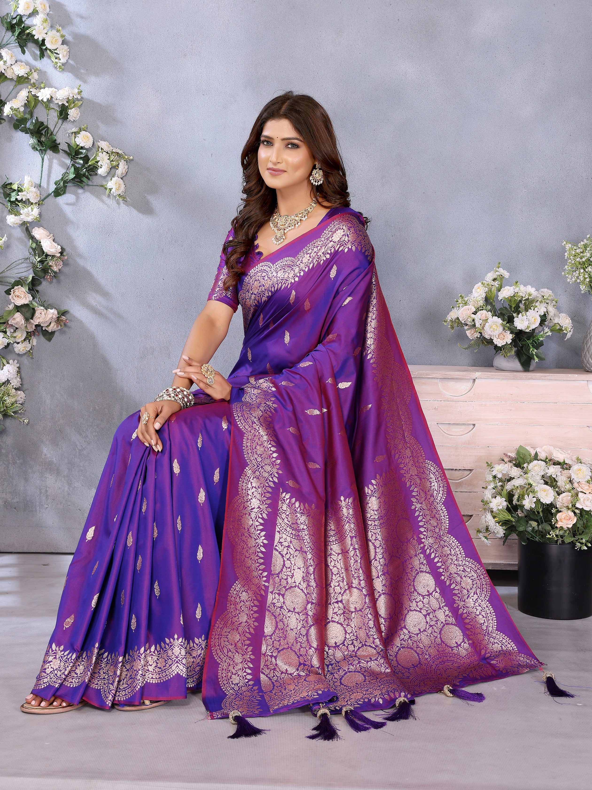 Purple Banarasi Silk Jacquard Weaving Designer Partywear Traditional Saree