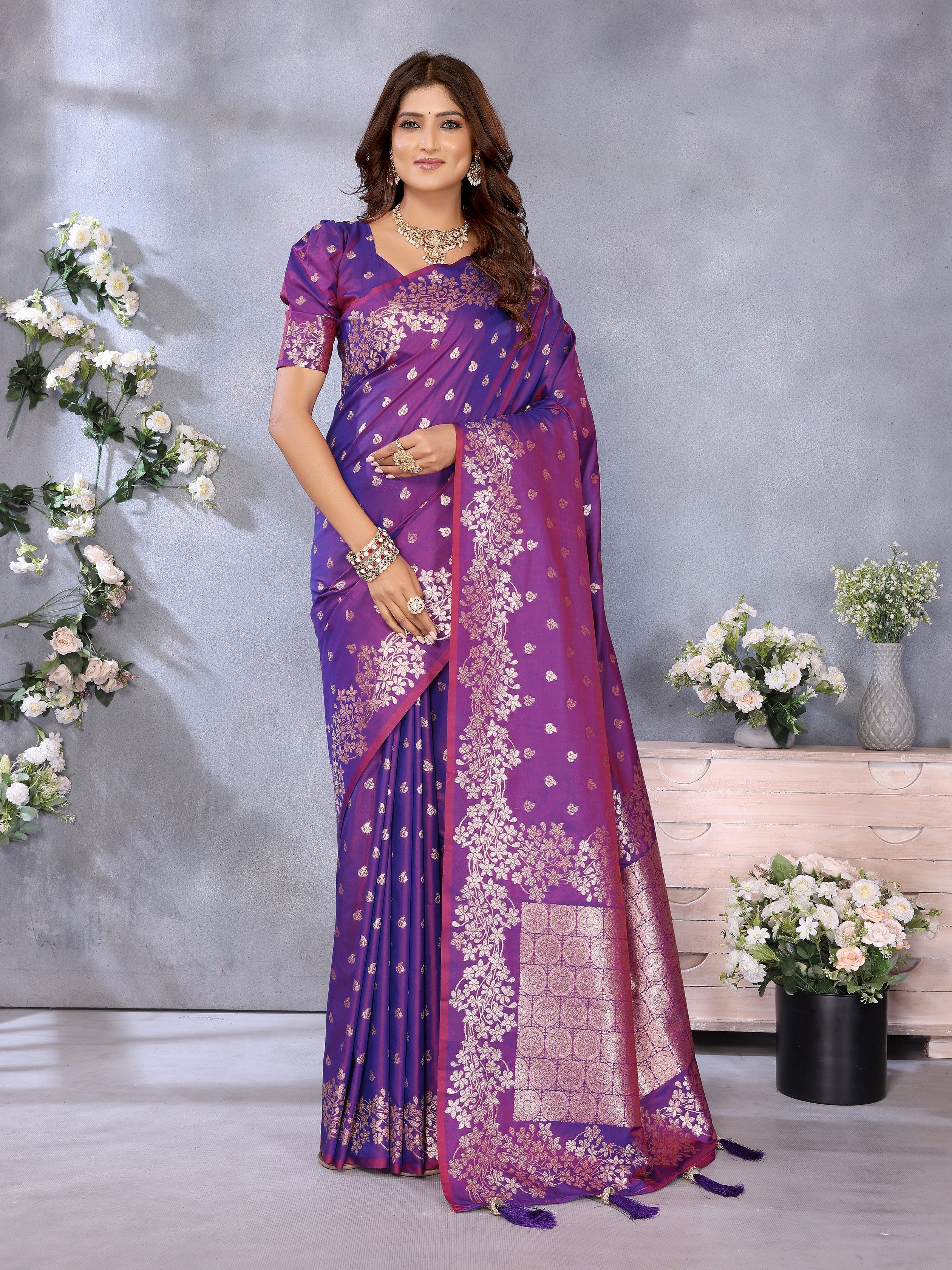 Purple Banarasi Silk Jacquard Weving Designer Floral Ceremonial Festive Saree