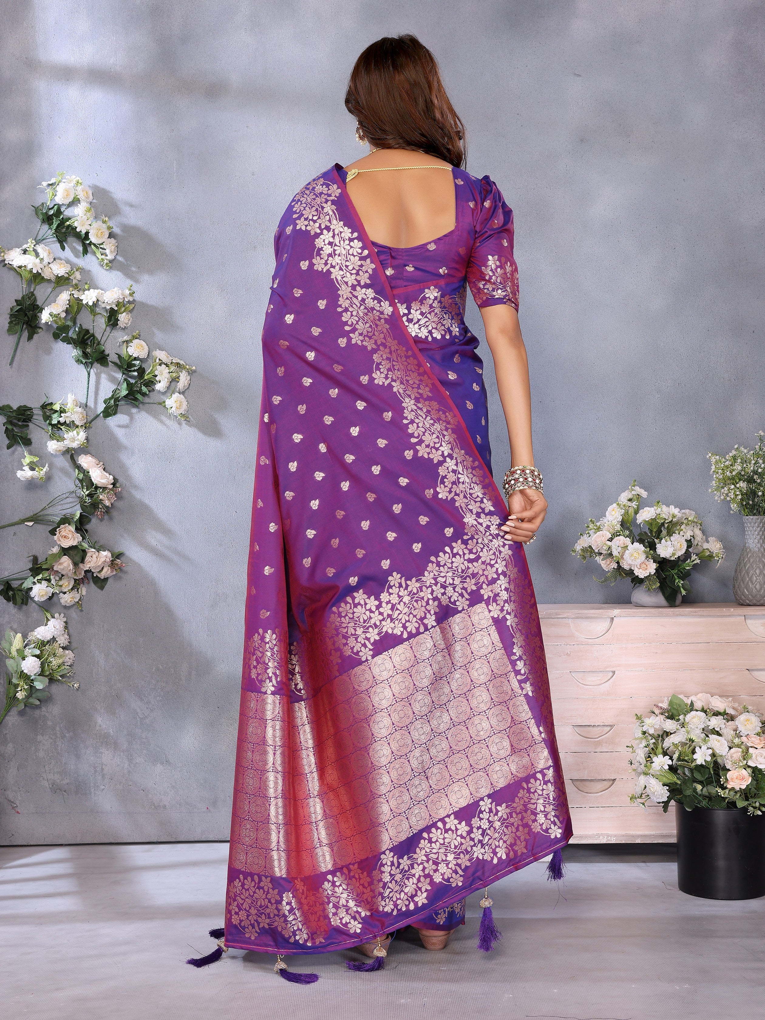 Purple Banarasi Silk Jacquard Weving Designer Floral Ceremonial Festive Saree
