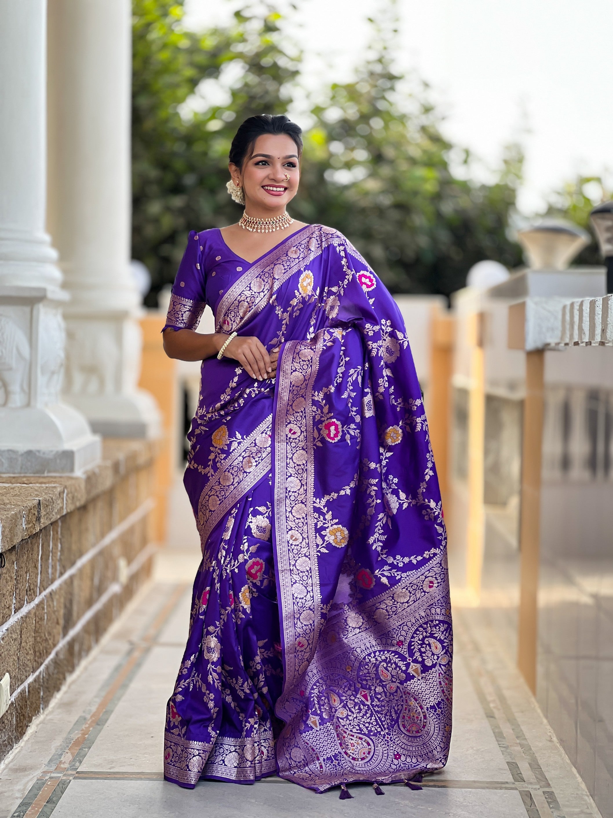 Purple Banarasi Silk Saree With Traditional Woven Meenakari Designer Traditional Looks