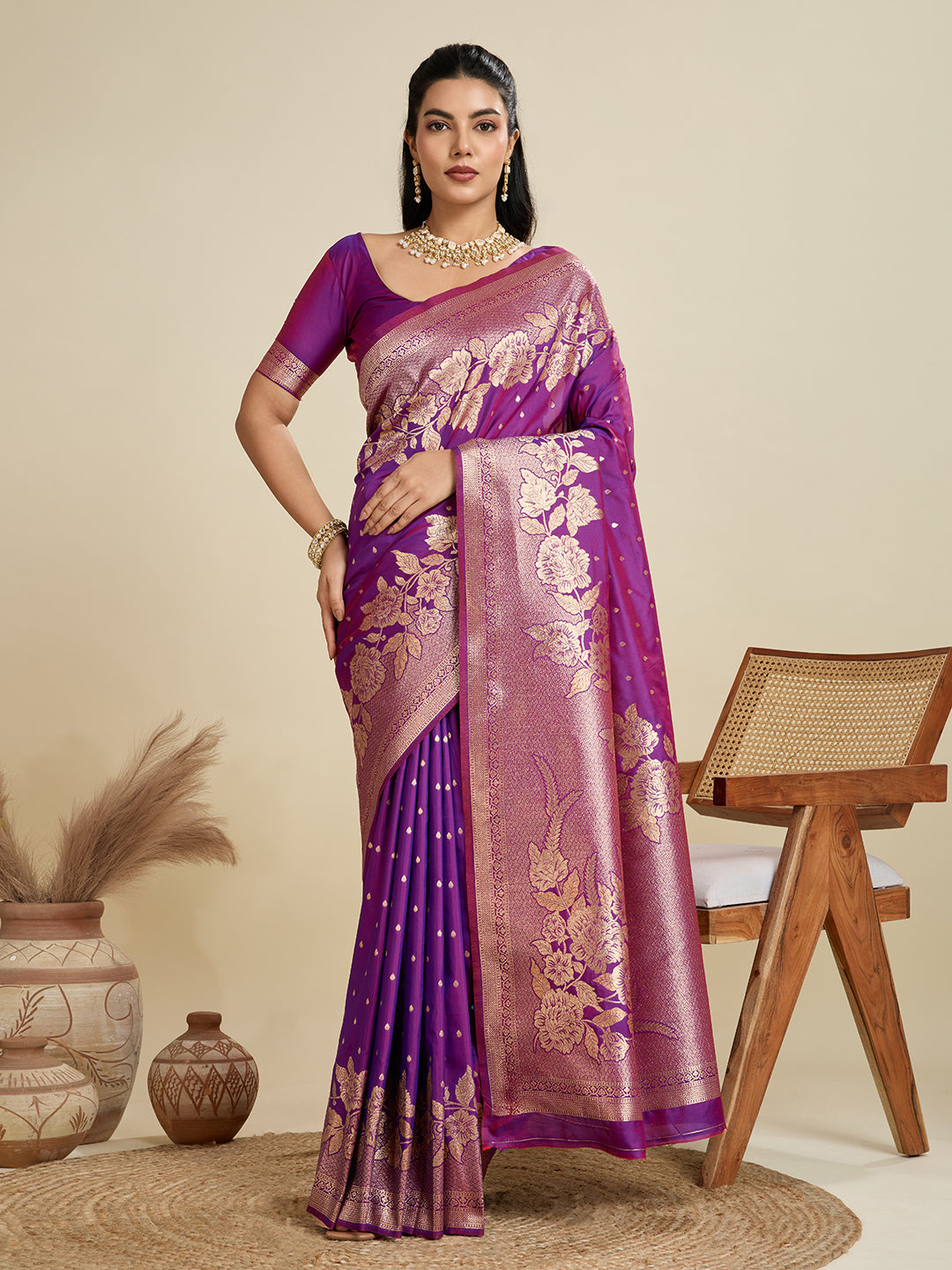 Purple Banarasi Silk Saree with Butti and Floral Border