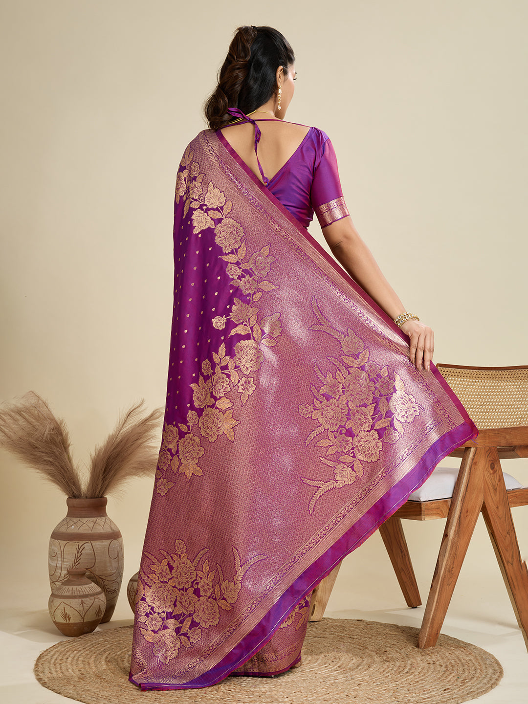 Purple Banarasi Silk Saree with Butti and Floral Border