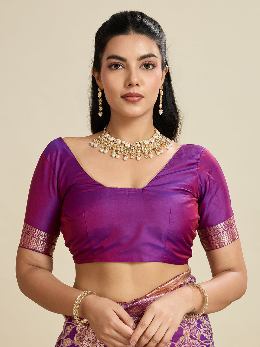 Purple Banarasi Silk Saree with Butti and Floral Border