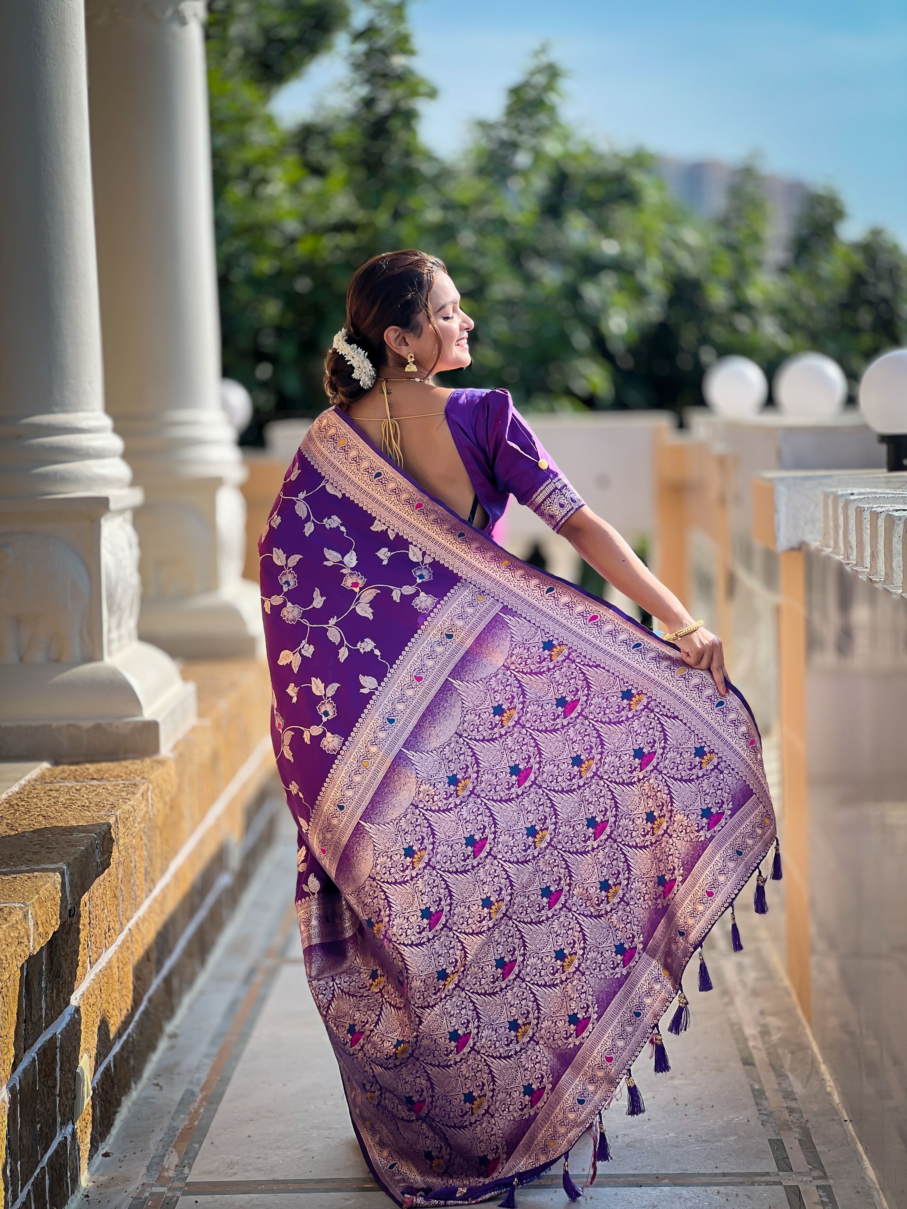 Purple Banarasi Silk Woven Jacquard Designer Ceremonial Partywear Saree