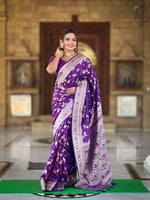 Purple Banarasi Silk Woven Jacquard Designer Ceremonial Partywear Saree