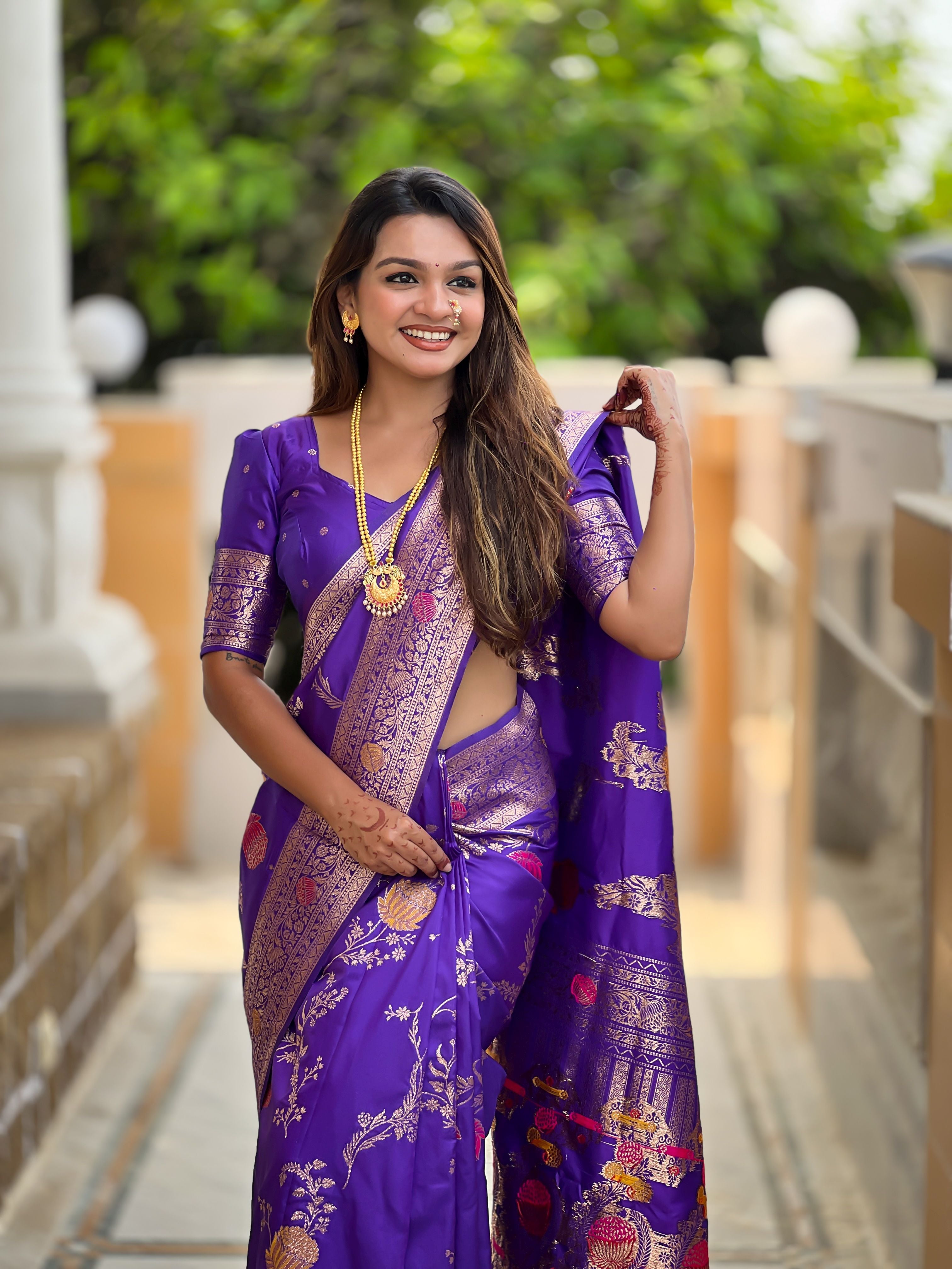 Purple Beautiful Banarasi Silk Woven Meenakari Designer Graceful Ethnic Saree