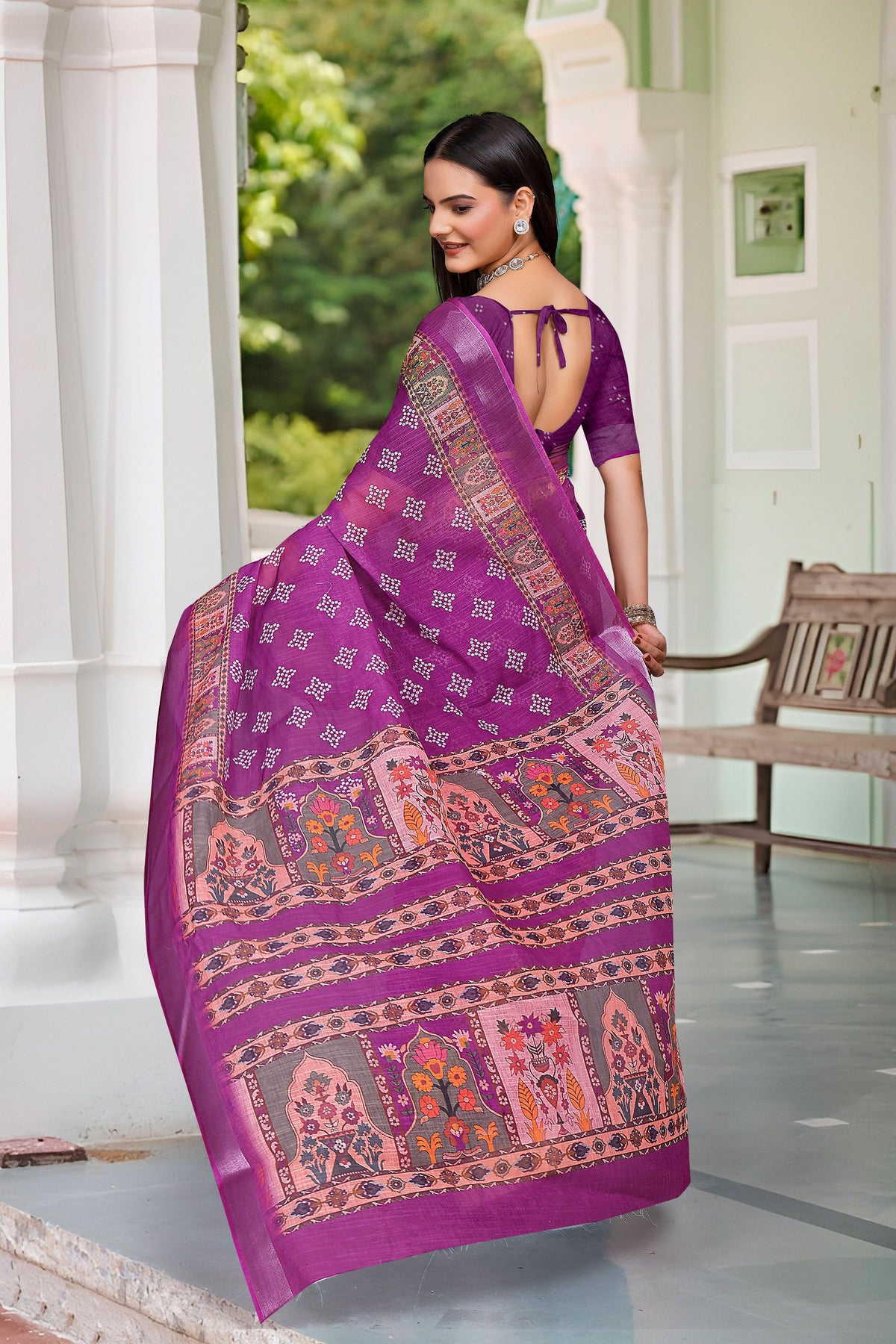 Purple Beautiful Designer Printed Saree With Woven Border