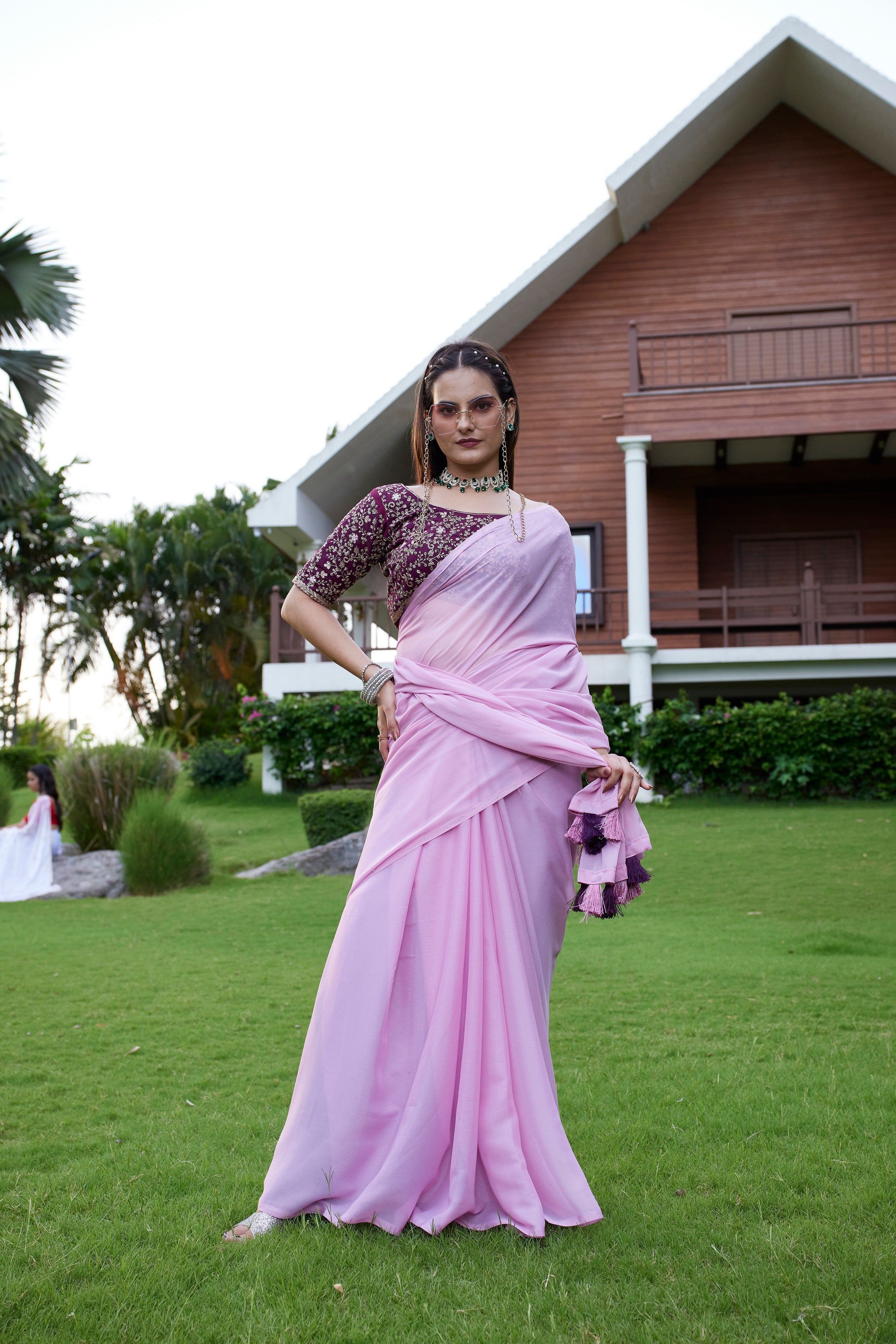 Purple Beautiful Fancy Saree With Embroidered Blouse