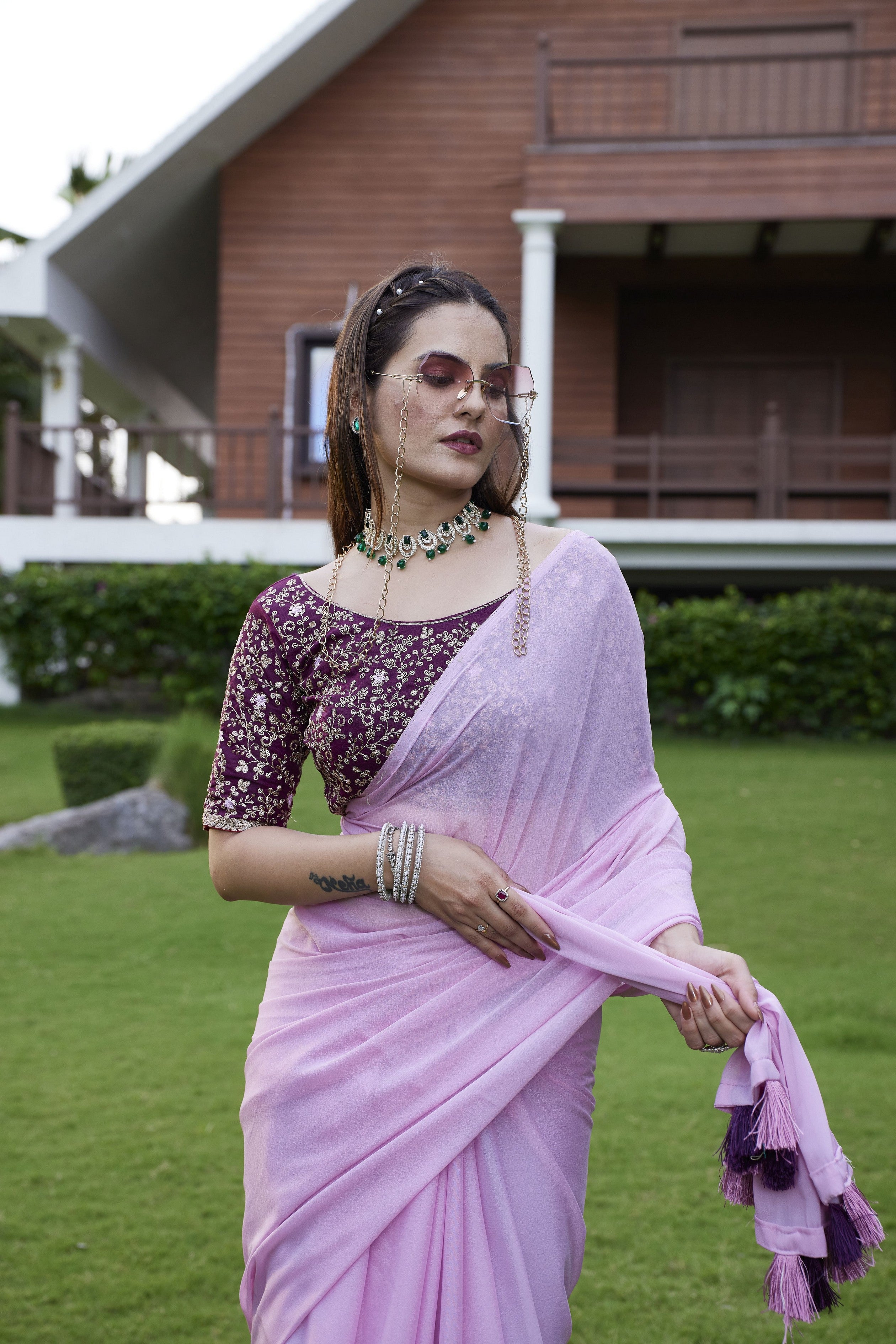 Purple Beautiful Fancy Saree With Embroidered Blouse