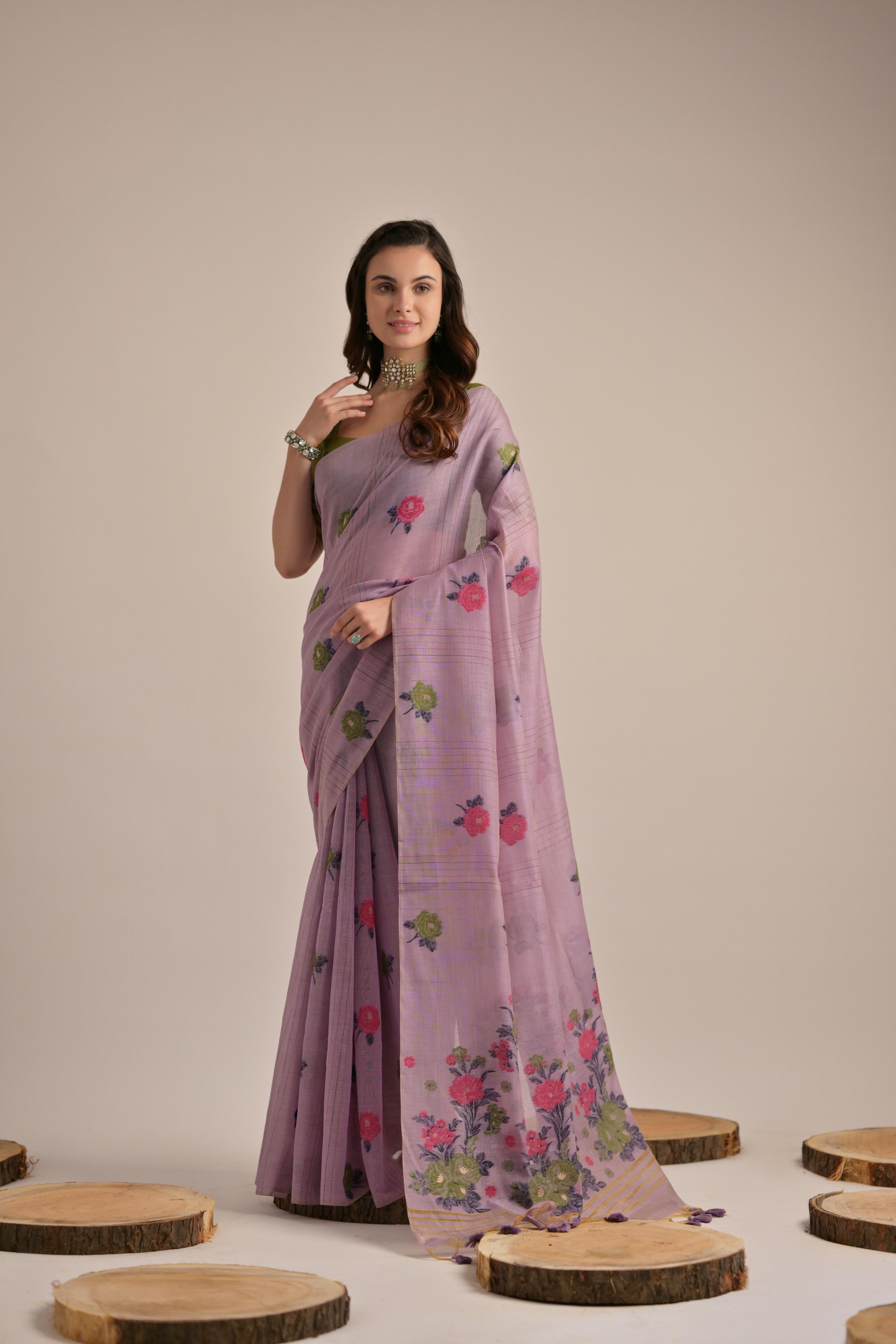 Purple Beautiful Girly Looks Multy Floral Weaving Designer Muga Cotton Saree
