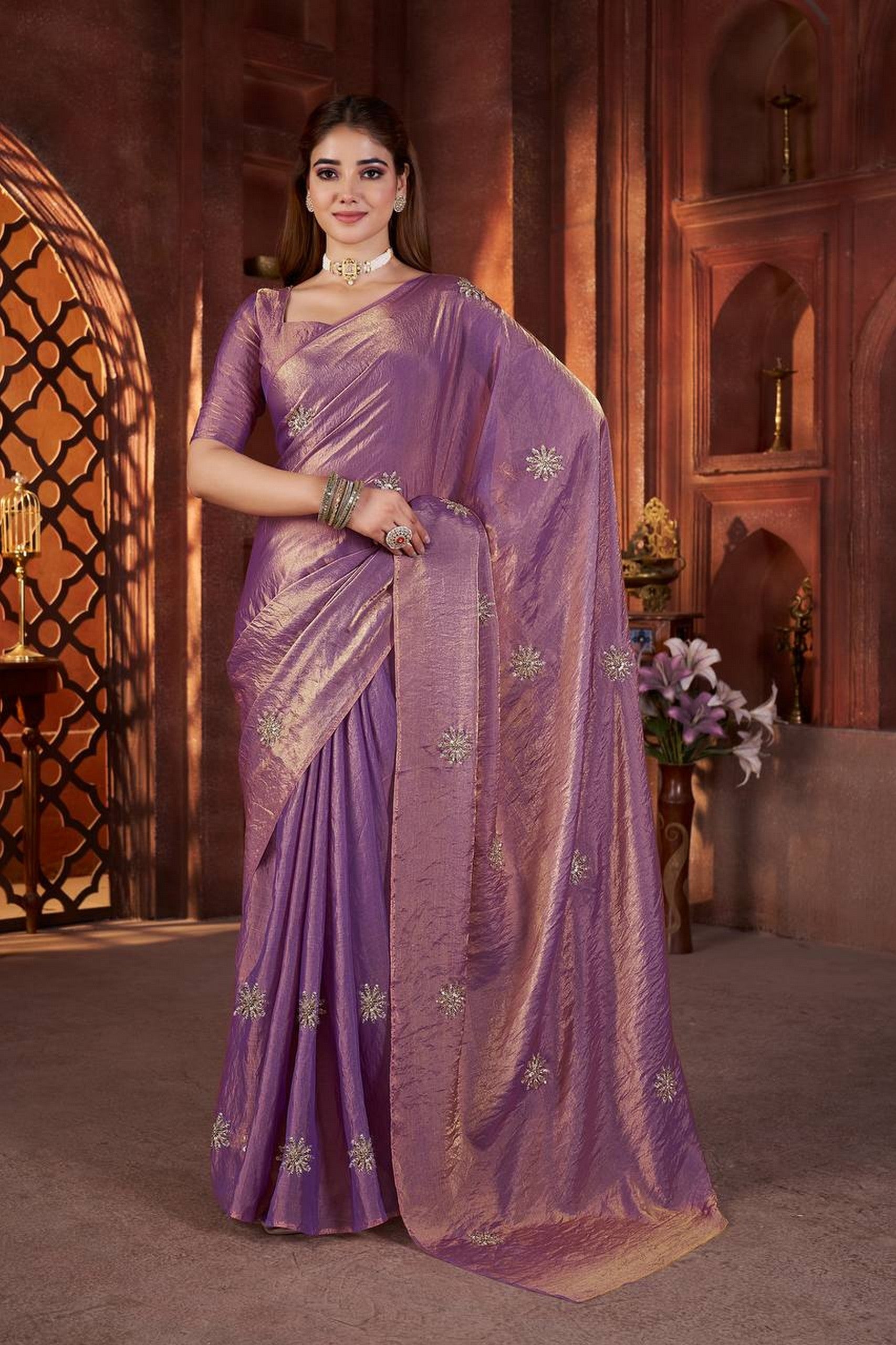Purple Beautiful Heavy Work Ceremonial Fandy Satin Silk Saree