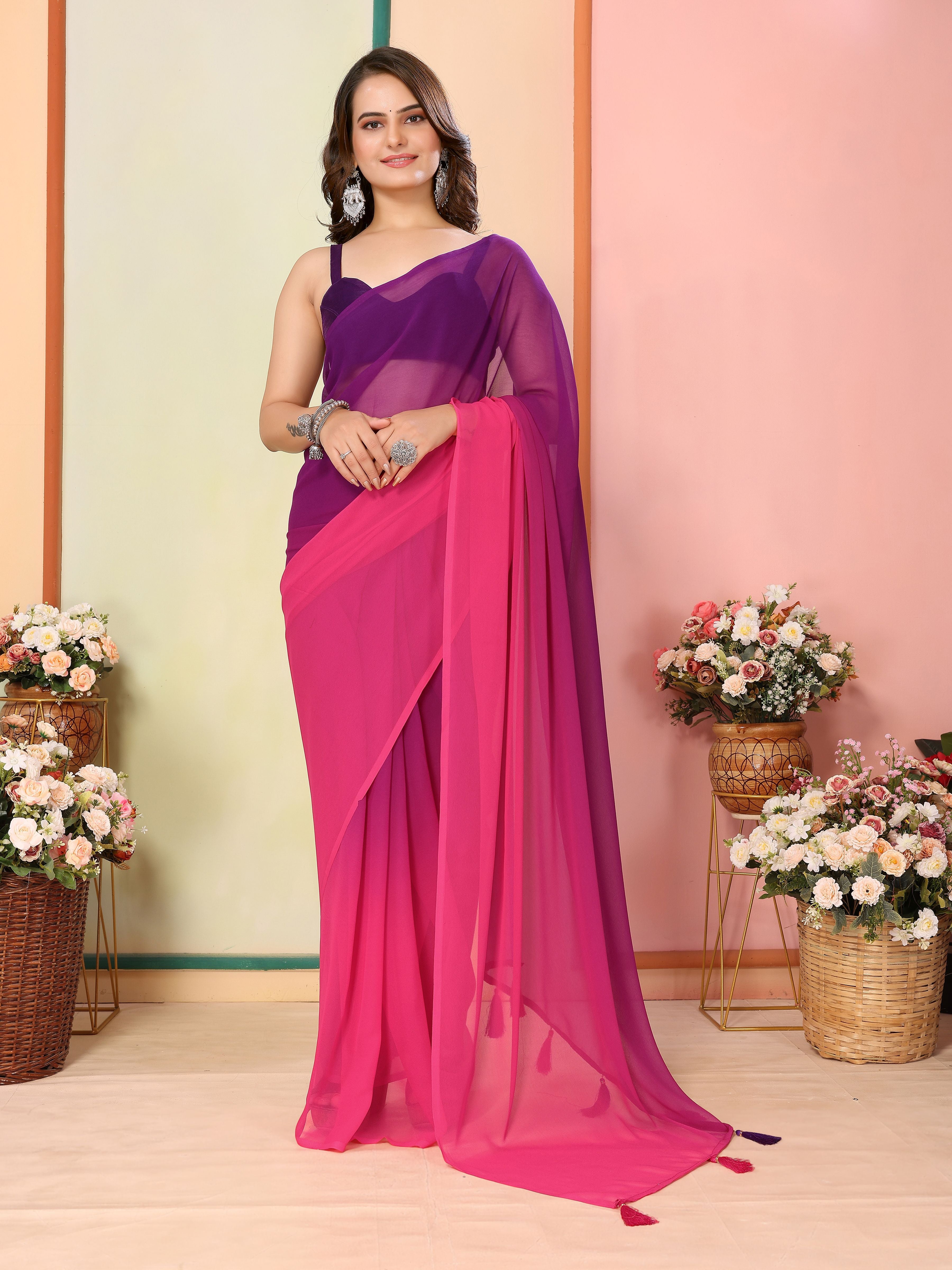 Purple Beautiful Pedding Printed Georgette Ready To Wear Saree