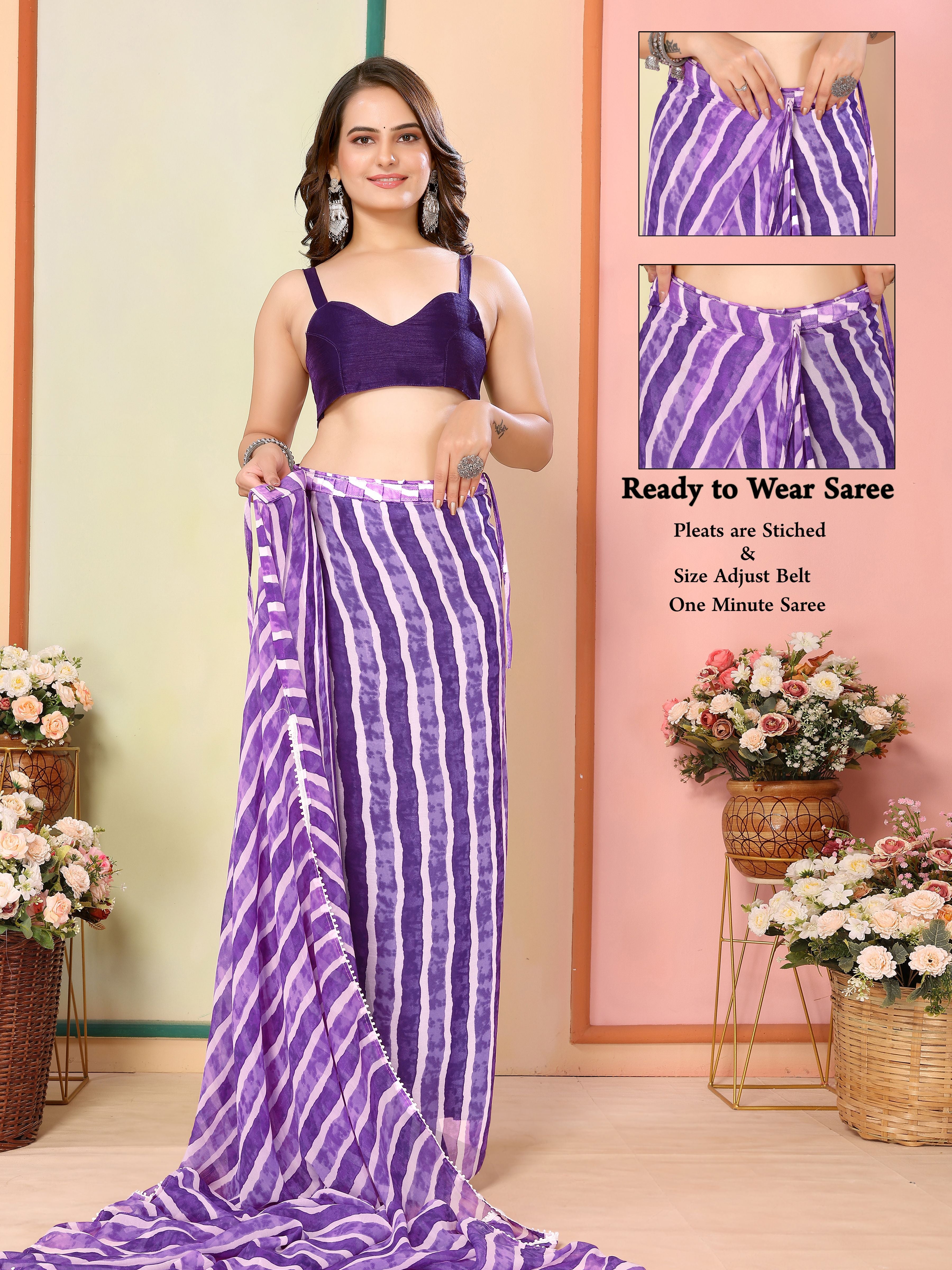 Purple Beautiful Pinted Ready To Wear Ethnic Partywear Saree
