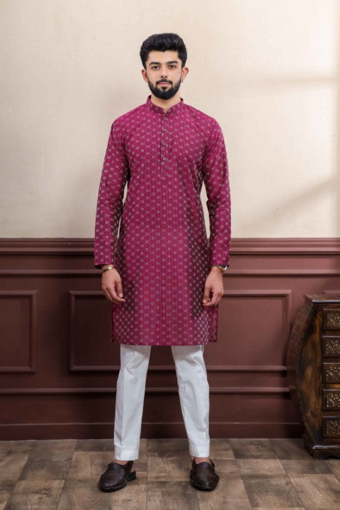 Purple Blended Cotton Wevon Dobby Kurta Pajama