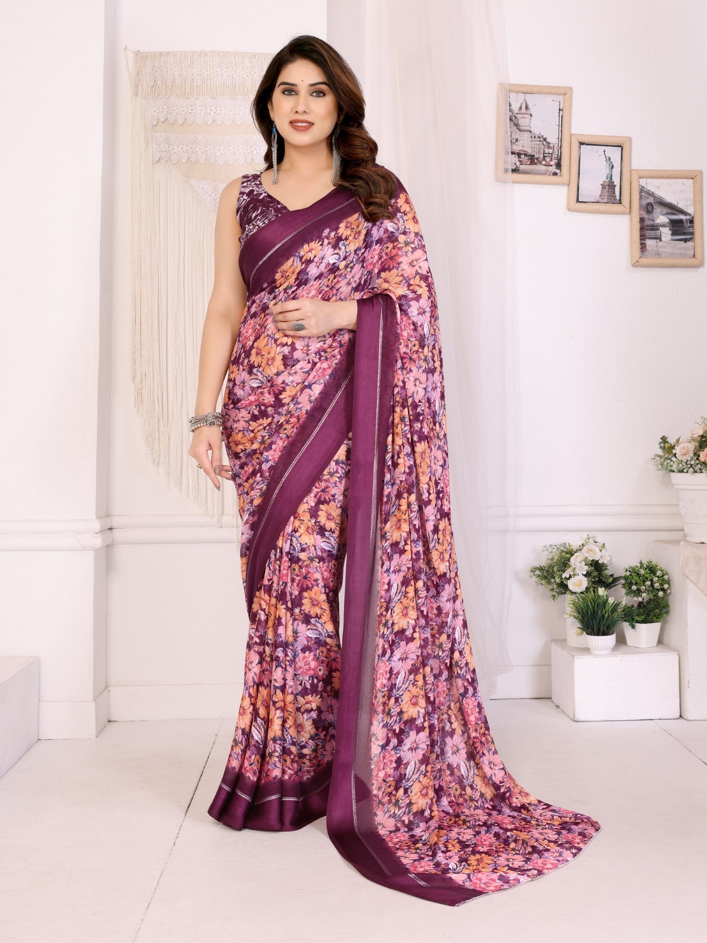 Purple Bright Moss Satin Patta Saree With Printed Design
